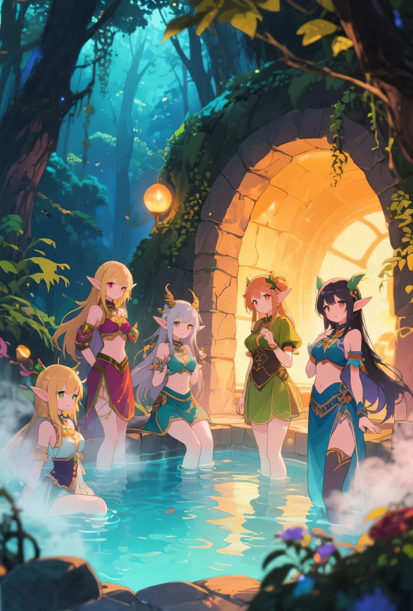 Anime Style,Swimwear,Detailed background,Magical World,A lively balcony with many people,Three smiling bard beautiful elves,Big cleavage,Healthy thighs,Underarm,Barefoot