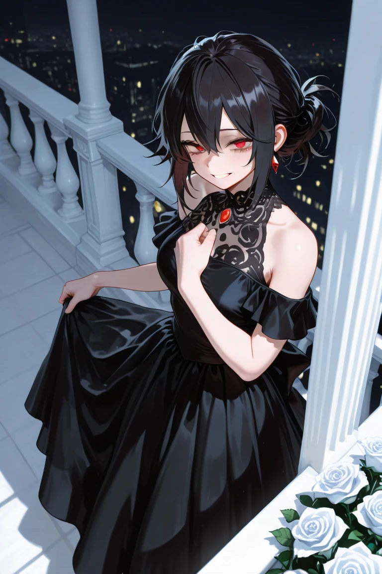 Poker face,,(dark fantasy),((Wonderful illustrations)),(Details fly), long black hair, red pupils, girl, Solid black dress, collar only, The cuffs and skirt are dark red, There is a red butterfly hairpin pinned next to her ear., masterpiece, best quality, high quality, scarf,, Red and black crystal necklace,