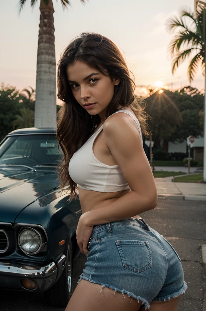 a female (Pin-striper:1.3) is sitting on a tool box (painting a pinstripe freehand on an old hotrod car), she's (painting a curvy detailed pin stripe) to a car, decoration, (she's creating fine intricate line work on car), ((she's a Freehand pin striper:1.5)), using a specialty brush known as a pinstriping brush). exterior parking lot with sports cars and 1950s USA hotrods,realistic photo, (30% of photo is black in drawing:1.4), (freehand curvy pinstripe boarders image:0.9), violet, blue, red, aqua (pinstripe on car:1.3) , she has thick dark-rimmed glasses on and is intensely looking at brush (early sunrise light:1.1), (Rembrandt lighting:0.9) ,(relaxed intimate photoshoot), beautiful face, (she wears dark jeans, white tshirt with sleeves rolled up, white socks and work boots,)slight smile, intense presence, (perfect brush grasp:1.4), cozy relaxed, catching us, beautiful hands, kind eyes, gorgeous soft warm lighting:1.4,, incredible details, ((high contrast)), (deep, darkest shadows), (shadow details:1.0), ((taken using Leica camera, aperture: f/2.3)) , hyper-realistic skin, pores, scar, mole, (she has dark hair in variety of styles, tidy), healthy skin,, her arms relaxed holding book, she sits on a tool box, relaxed moment, badass artsy chick, hip, she's in dark with natural light glow, (romantic light:1.2), radiant skin, perfectly framed face, perfect relaxed hands, perfect fingers, (perfect portrait, incredible eyes:1.1), a work of art, beautiful composition, golden ratio, Kenny Howard, Ed Roth, Dennis Gibbish, and Dean Jeffries, inspiring, (highest quality fabric texture), every detail,Fine facial features – (Highest Quality) ,Leica camera film, High quality ○○ detailed – ○○ details ultra detailed(Ultra-fine ), Photorealistic, Extremely detailed(Extremely detailed) , (highest detail image, lens flare, realistic)○○ res – ○○ resolution ultra high res(A high resolution),playful relaxed photos