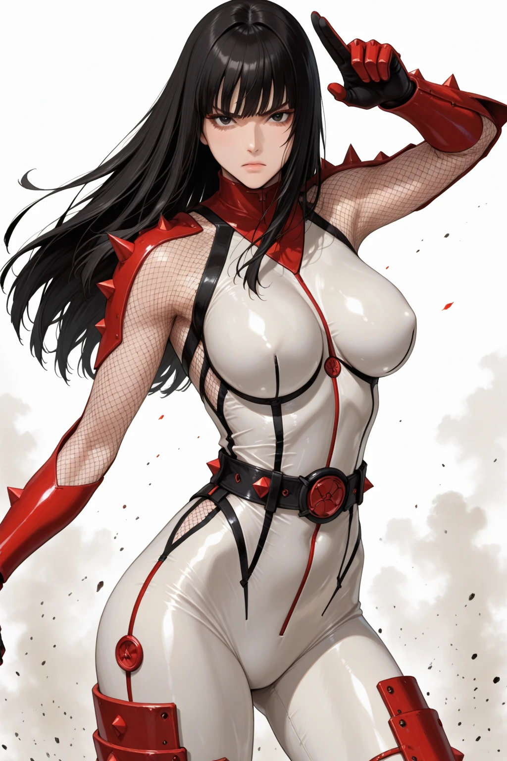ultra-detailed, Explicit, Beautiful body, Beautiful Nose, Beautiful character design, perfect eyes, perfect face, ultra highres, 4K, beautiful legs, perfect legs, Nice hands, Perfect hand, Masterpiece, Best Quality, Highly detailed, illustration, absurdres, street fighter, doll suit, shadaloo doll, dollsuit, girls, multiple girls, expressionless, blank eyes, looking at viewer, red gloves, emotionless, black latex, corrution, mind control, female combatant, full body, hypnotized, unhappy trance, full body suit, ribbed bodysuit, both arms at side, obey, perfect female body, extremely glossy latex, hypnosis, hypnoLora, empty eyes, Mind control device, poses, submissive_pose, Slave, hat, necktie, stand up straight, standing, standing at attention, hat, necktie, belt, latex, ribbed bodysuit, thighhighs, garter belt, Fighting Stance, extending the right arm from the shoulder into the air with a straightened hand, nazi saluting, military, military saluting, salute, thigh boots, Pure White Devil, Succubus Prison, pale skin, horn, red eyes, black hair, long hair, wing