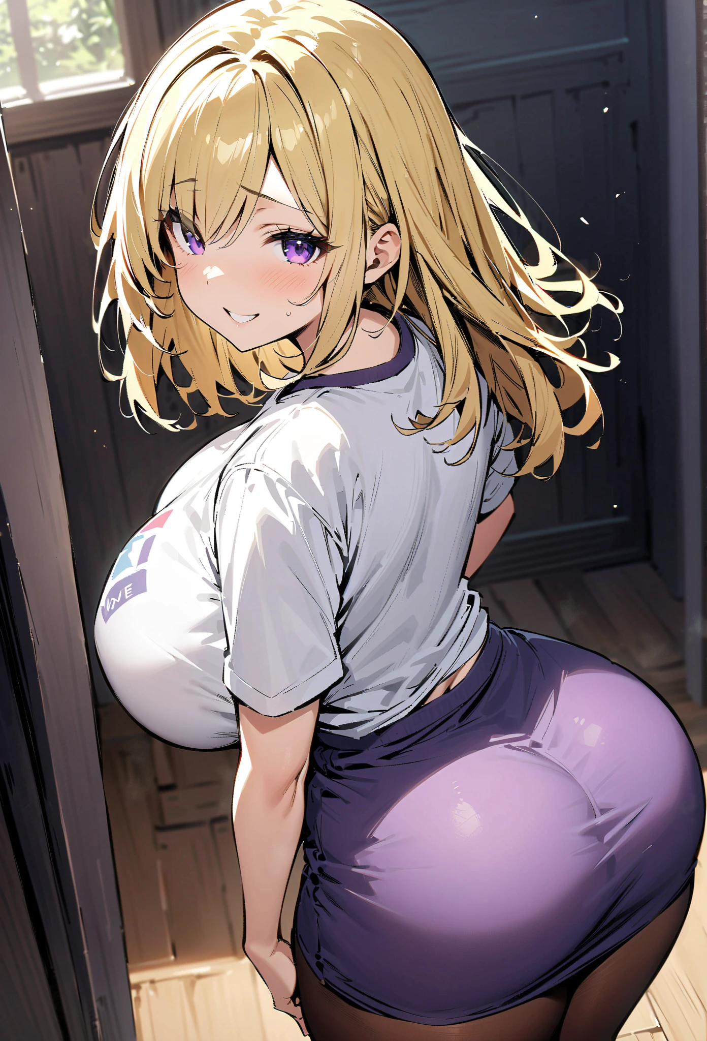 ((Best Quality)), ((masterpiece)), (detailed), 1 girl, Pastel yellow hair, Long hair, hair covers one eye, purple eyes, big breasts, big thighs, expression smiling shy, white voting t-shirt, purple skirt, brown pantyhose, looking at the viewer, view from behind, backward
