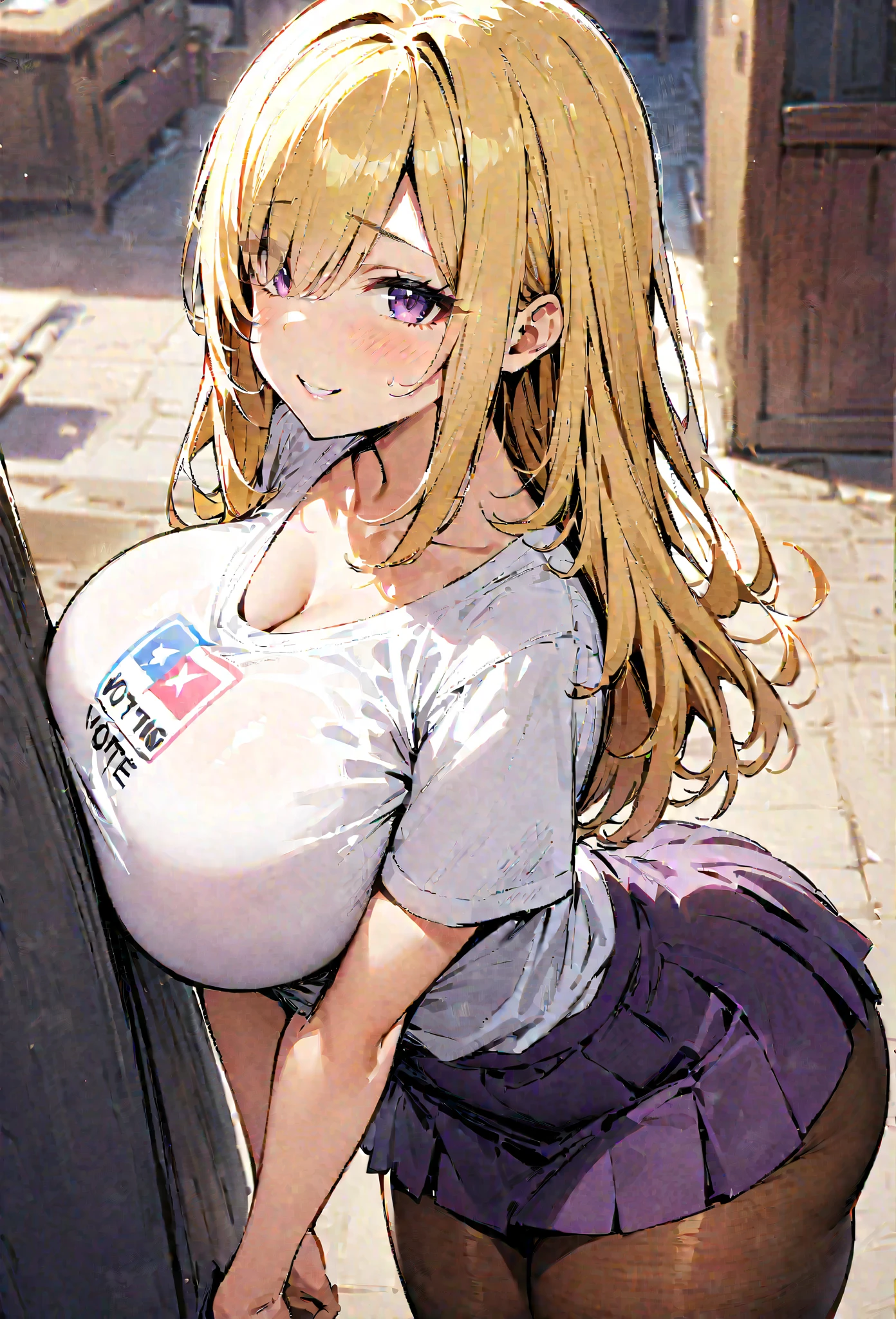 ((Best Quality)), ((masterpiece)), (detailed), 1 girl, Pastel yellow hair, Long hair, hair covers one eye, purple eyes, big breasts, big thighs, expression smiling shy, white voting t-shirt, purple skirt, brown pantyhose, looking at the viewer, view from behind, backward