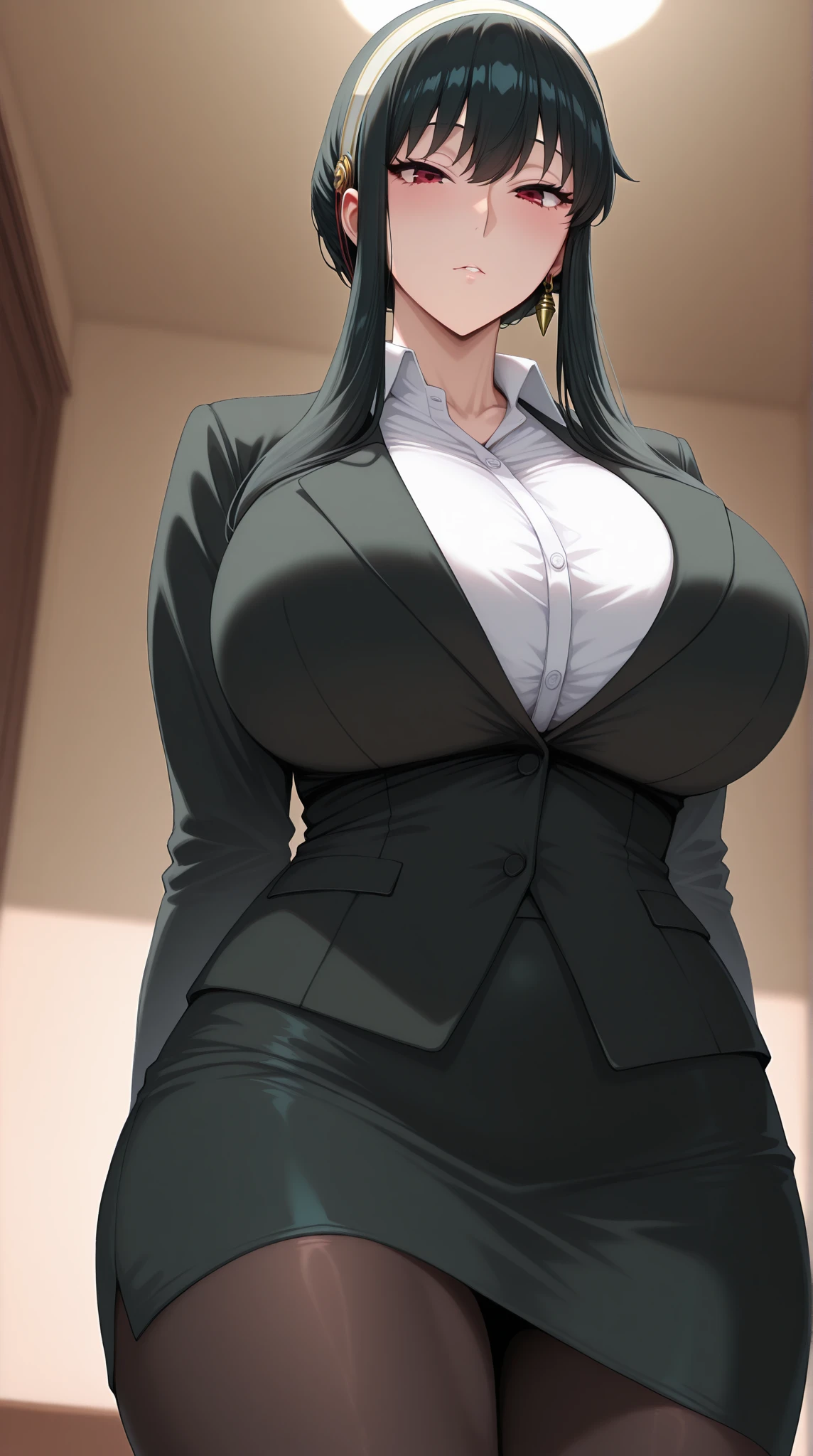 masterpiece, best quality, absurdres, 8k, perfect shadows,perfect lighting,hdr, cowboy shot,shiny skin,skindentation, beautiful body, NamiFinal, ((black hair: 1.4)), long hair, blue eyes,  (c(black skirt suit:1.1), pencil skirt, miniskirt,curvy, thighs, cleavage, highheels, shiny clothes, skin tight), complex detailed background, inside, luxury palace) (gigantic breasts,hourglass body, thin waist,very slim waist)extremely detailed face,detailed eye makeup, detail face, nice detailed eyes,nice hands, perfect hands (realistic pupils,realistic iris:1) heavy eye makeup,glowing eyes, Bright eyes,standing,standing at attention,(seductive smile), gigantic breasts, curvy, (( tan skin: 1.1))