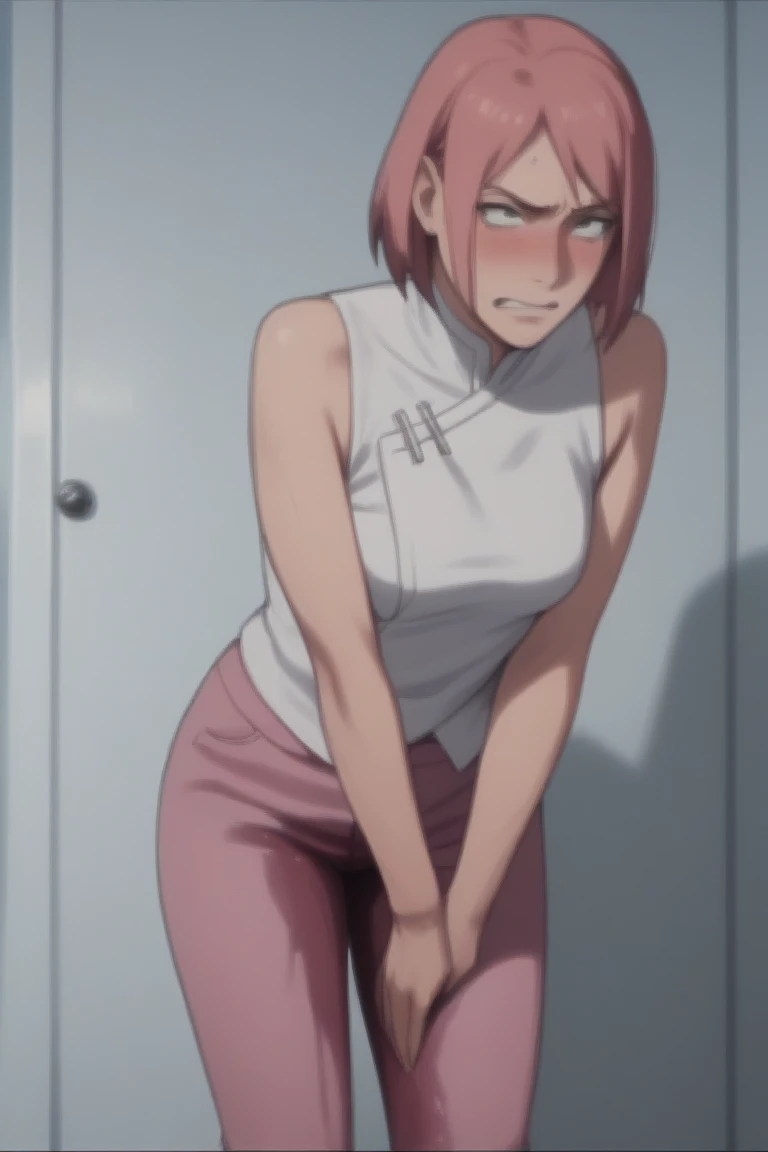 best illustration, masterpiece, best quality, absurdres, 1girl, realistic eyes, looking at viewer, crossed arms, <lora:peeingSelfV2:1.1>, have to pee, (peeing self:1.3), trembling, full body, blush, embarrassed, door, squatting, <lora:Sakura-Boruto-V2:0.6>, haruno sakura, forehead mark, side bangs, red hairband, pink hair, green eyes, red sleeveless dress, white pants