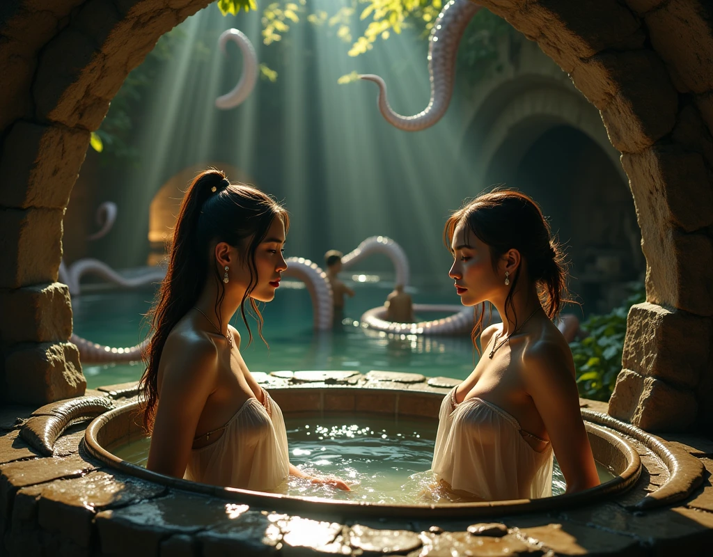 ((Emmy Rossum Katherine McNamara and Olivia Wilde in wedding dress deepthroated by big tentacles)), views upwards to a giant tentacle, ahegao, focus on big tentacle, looking at tentacle, horny, red lipstick, pleased, pierced nipples, screaming, moaning, skinny body, red hair, wet hair, large breasts, large ass, flat belly, narrow waist, (cum all over), covered in cum, wet hair, tentacles, tentacles sucks breast, tentacle squeeze breast, tentacles licks breasts, tentacle penetration, fucking tentacles, tentacles around throat, ((slimy tentacles)), wedding reception, sodium light, impaled with tentacles, horror, hyper detailed, masterpiece, pigtails