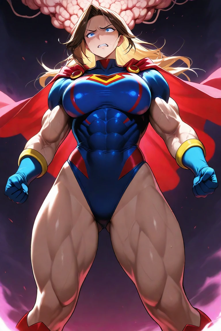 blond muscle woman with cornrows hair flexing muscles wearing superhero outfit with cape, muscle woman, big muscles, huge muscles, massive muscles, mature woman