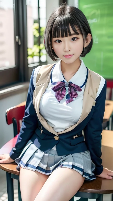 ((8k, original photo, top quality, masterpiece), HD RAW color photos professional close-up photos, (actual, photorealism: 1.37), (best quality), (best shade), (Best Illustration), clavicle ((big deal)), ((disciple, Sexy, ultra high resolution, HD CG unified 8K wallpaper, Physically based rendering, light), (Egiosar:1), 18 year old girl, (gray blazer, ribbon, sock, high school: 1.2), high school教室, beautiful details eyes, There is light on the face, ((full-body shot: 1.2)), extremely strong light, (Upper eyes, grinning:1.2),shiny skin, (((black hair, bob hair:1.2))), ( Thick thighs), ulzzang-6500-v1.1:0.2, Shy, (flash:1.2), national foundation , (fluffy), ((tempting pose: 1.2, attractive: 1.2)), (idle), (Sitting at the table in the classroom: 1.2)), ((good anatomy: 1.2)), ((Bright and fresh classroom, background blur: 1.2)), perfect face, cute face, (high angle shot:1.2)