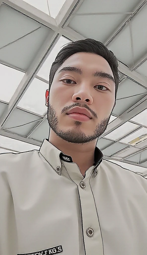 ((realistic daylight)) , Young Korean man in a navy blue polo shirt and jeans, A handsome, muscular young Asian man looks at the camera. In a simple t-shirt blue and red , roadside traffic ,turn sideways