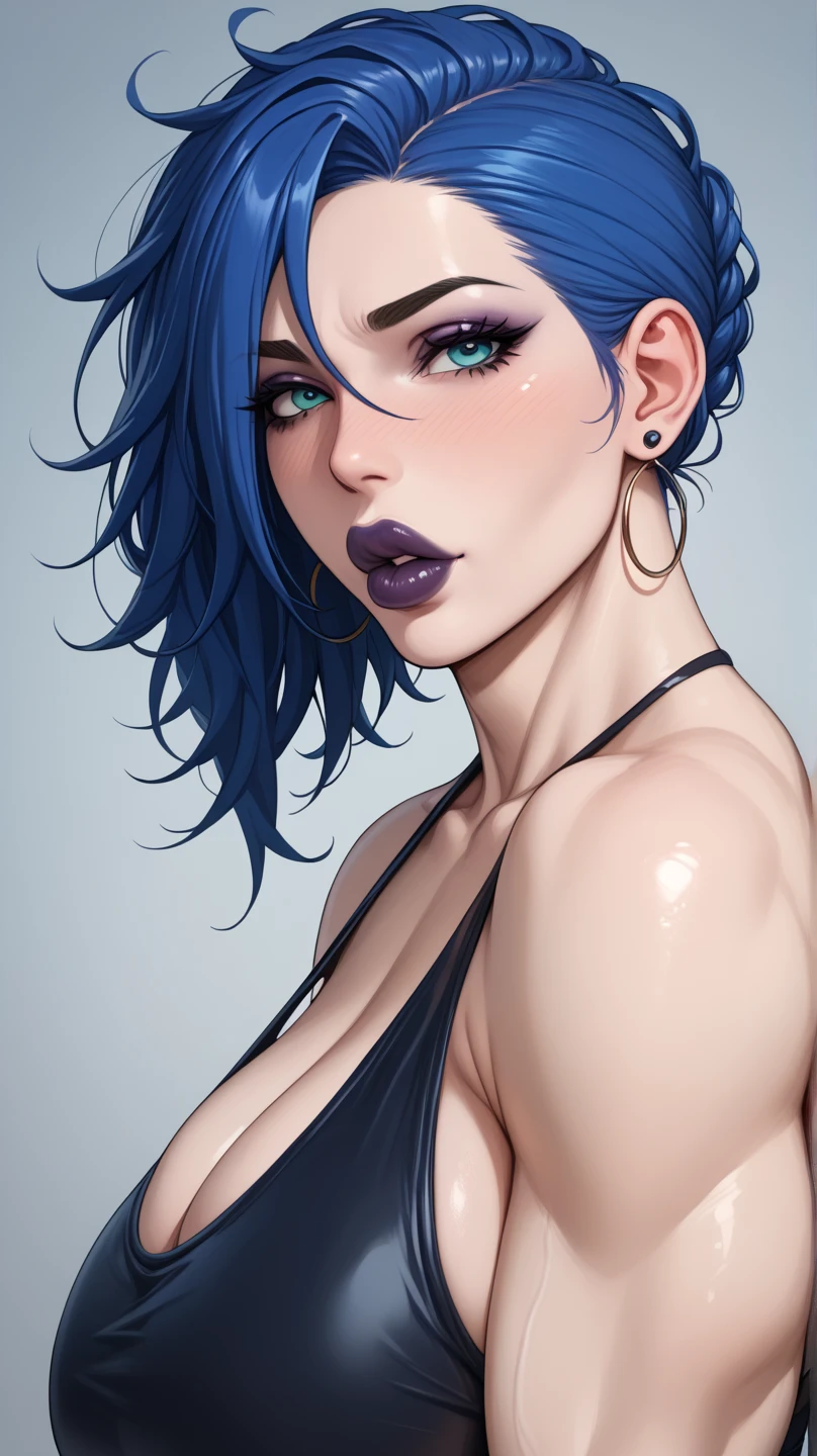 Anime style, 1women, naked, seductive expression, bright red lips, sexy tattoo on hand, neck, back, lap, brunette, black and blue multi colored hair, short hair , wavy hair, messy hair, curly hair, black eye liner, blue eye shadows makeup, beautiful detailed blue eye, sexy neckline, large neckline