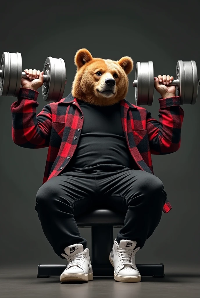 Monstrously massive musclegut anthro furry bear in a red shirt and a red shirt on is holding 1000-pound barbell with one hand, furry art