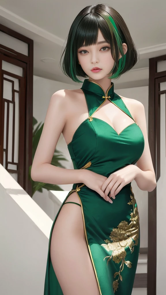 Xianyun/preserver of the clouds, obtained, 1 woman, sideways walking through liyue, wearing her dress mixed between black and green revealing tight fitting elegant, Whole body (curved), long hair tied in a black and green ponytail, fine and delicate and beautiful face, green eyes, thin lips with green lipstick, (breasts: copa Z), (plump butt), drawn anime style but not realistic, drawn by Stable Diffusion