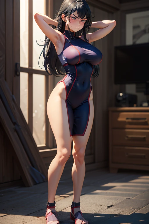 Masterpiece, best quality, Masterpiece, best quality, 1 woman, brown hair , sly face , purple bikini , big breasts , abdomen , Long legs , Put your hands on your hips.. , Barefoot , Full body , abandoned factory , at night