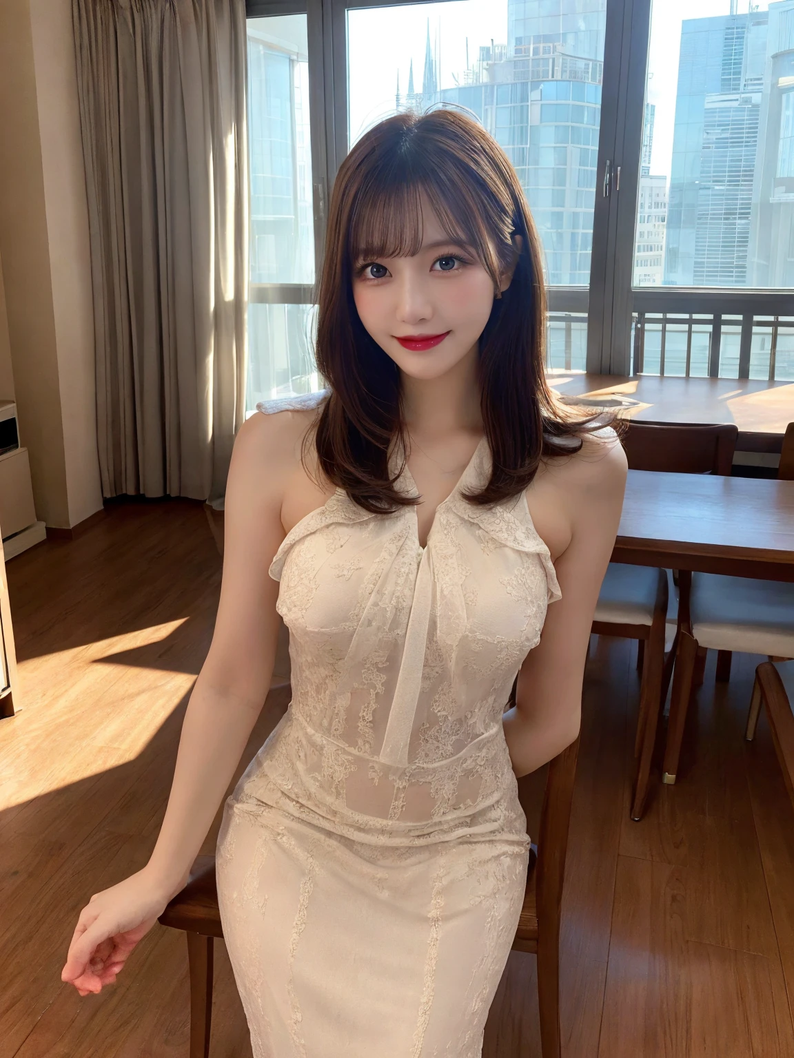 (masterpiece:1.3, Highest quality), (Realistic, photoRealistic:1.4), beautiful photo, (Natural Side Lighting, Cinema Lighting), Look down, whole body, From below, 1 Girl, Japanese, (reception), 20-year-old, Perfect Face, (Perfect Anatomy), Cute and symmetrical face, Shiny skin, (Long Hair, ponytail, Brown Hair, Pink hair ribbon), Swept-apart bangs, Dark blue eyes, Slanted Eyes, Long eyelashes, (Large Breasts: 0.8), Beautiful Hair, Beautiful Face, Beautiful attention to detail, Beautiful clavicle, Beautiful body, Beautiful breasts, Beautiful thighs, Beautiful feet, Beautiful fingers, ((Very detailed see-through costume, Square neck ivory dress, )), (Beautiful views, Depth of written boundary, Detailed Background), evening, (Office Room), indoor, Overlooking:building, Are standing, (smile),((Prostitute))