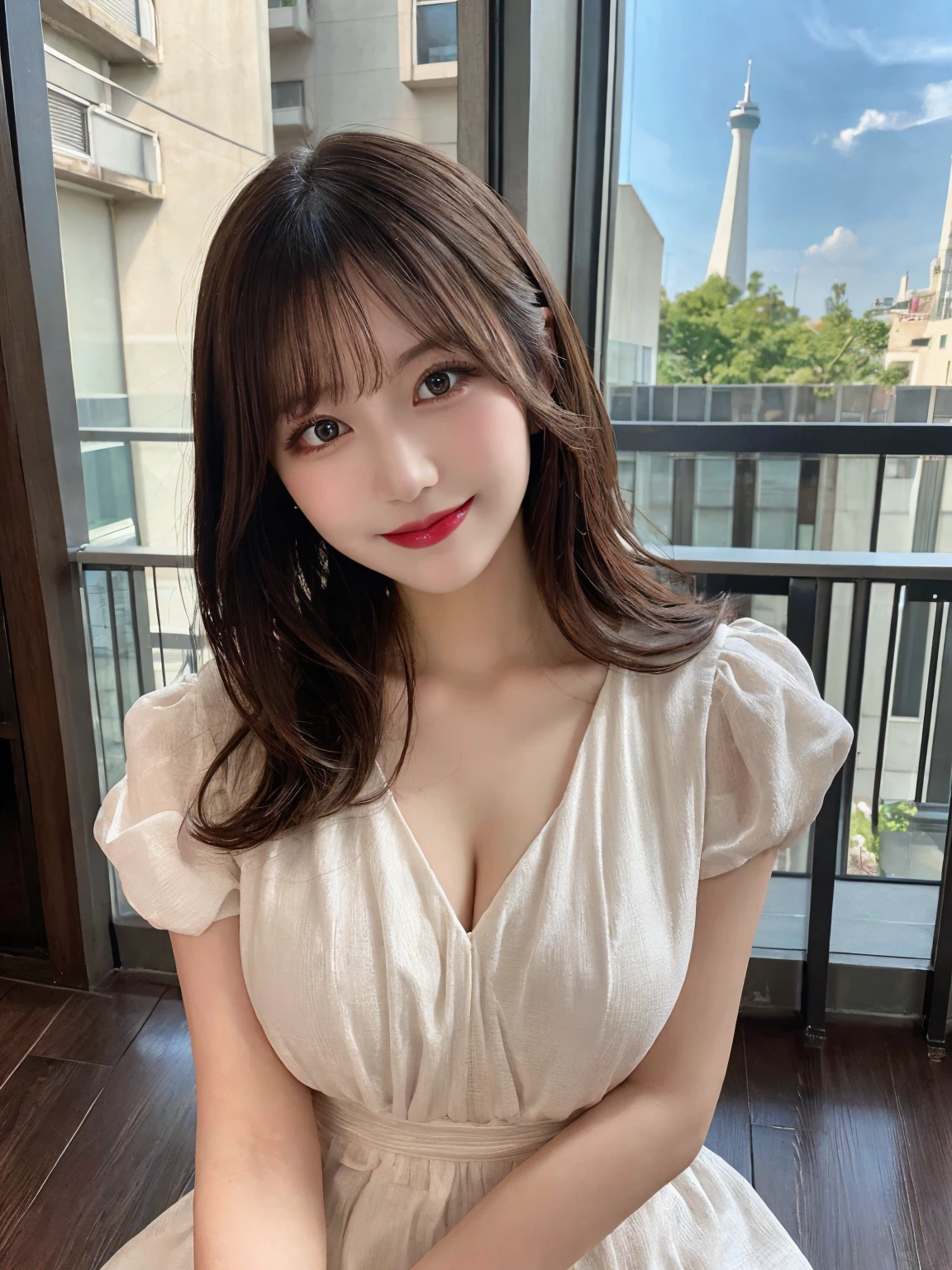 An ultra-high picture quality 4K picture quality 8K picture quality huge tit g-cup Big, round and beautiful breasts 22year old japanes Beautie unclear a baby face with round face Height 145 cm skinny legs Wearing a shirt with a white collar that shows the bulge of the chest The crotch is hidden by a black miniskirt Standing in a luxury hotel room looking at me You can see the night view of Tokyo Tower in the back. idol nogizaka