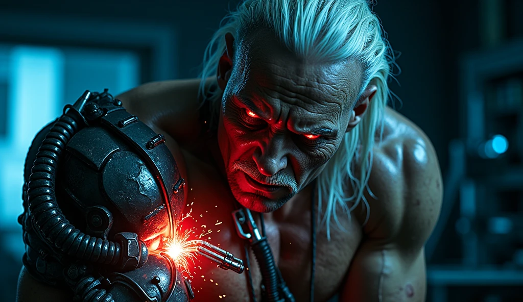 masterpiece, best quality, 1boy, wearing cyberpunk attire, heavily muscled, athletic, huge, greying hair, grizzled, scars, warlike, barbaric, sfw, 55 years old, futuristic dystopia