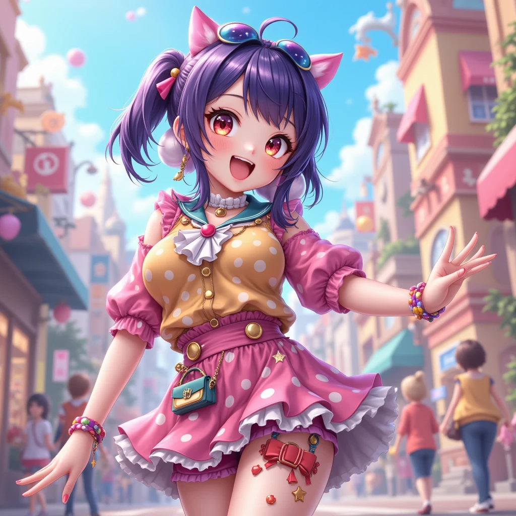 Professional Photography, (expressive eyes), (blue eyes), leopard girl, golden skin, open mouth, black lipstick, (snipped haircut), (black hair), round breast,
BREAK, 
Layers of colorful accessories, sticker-covered platforms, (mismatched thigh-highs), oversized bows, statement decora fashion, plethora of kawaii accessories, the character starring in a Harajuku-themed fashion editorial for a renowned magazine. BREAK,  the photoshoot takes place against iconic Harajuku backdrops, capturing the essence of the district's diverse fashion culture