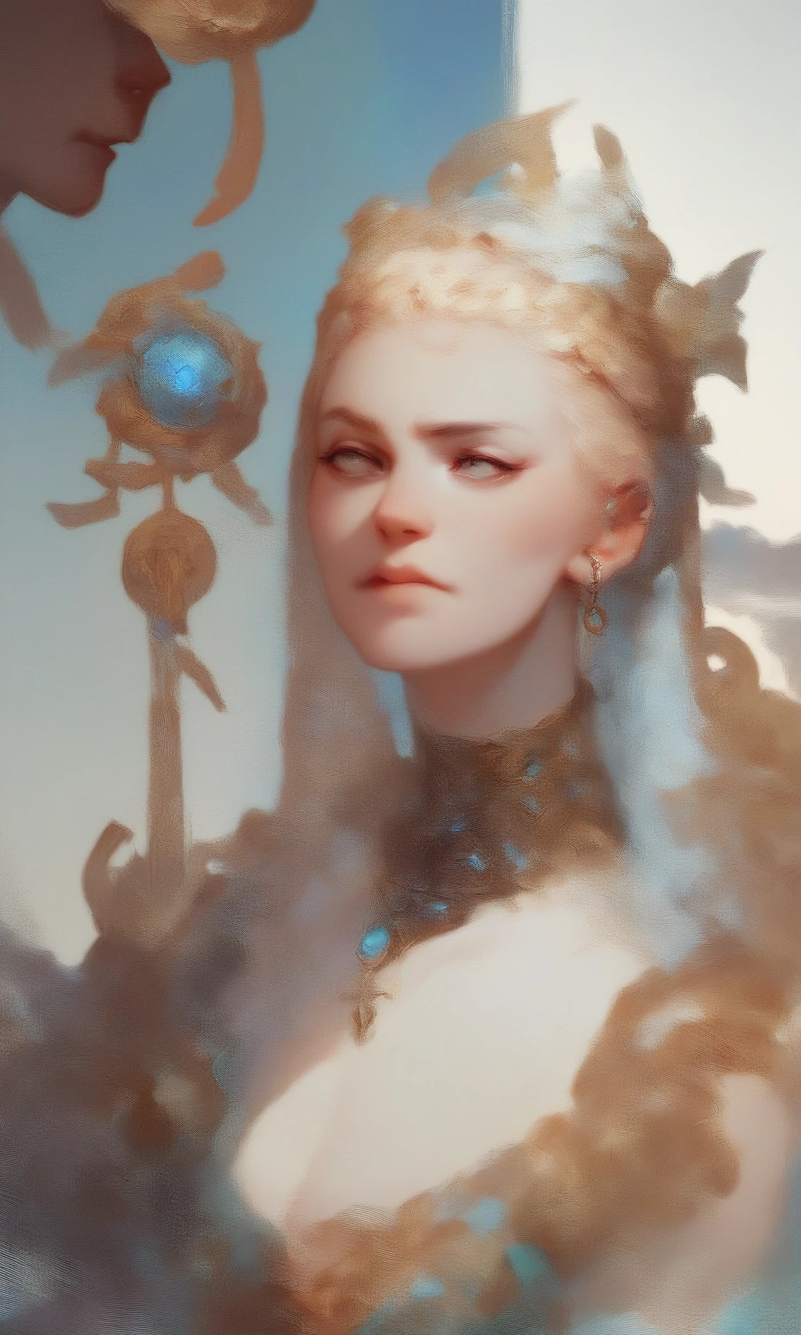 oil painted，Oil paints，acrycle painting，tmasterpiece，Renaissance style，best qualtiy，Illustration of a portrait of a Nordic goddess，Artgerm style，Dark fantasy、DnD（dungeons and dragons），Layered、Chiaroscuro lighting、Charlie Bovoort and Dino Vals' style、Detailed character design、Mottled brushstrokes、The appearance is clear and clean、oil painted、highly  detailed、beautiful color、Complex design、waist-up， from the above，Cinematic lighting、16