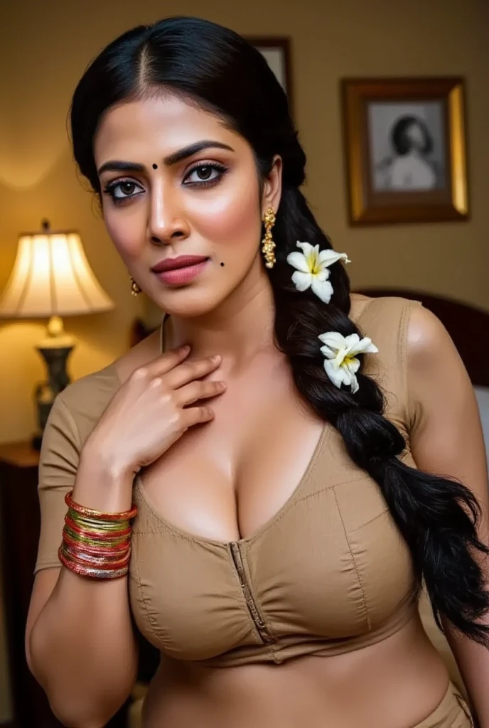 Indian busty gorgeously prettiest lady(face lookinlike Indian actress(beautiful face, beautiful nose, beautiful eyes, beautiful lips, beautiful navel,very large gigantic breasts,)) wearing saree. She is wearing Indian saree blouse, her huge large gigantic  beautiful breasts Coming out of her blouse but she is very shy. She is giving intimate look. Her she is showcasing her deep huge cleavage of huge saggy breasts lying on bed sleeping. Real skin texture. Real clothes, She is real Indian housewife, Full body photo, full picture. Her facial details are exceptionally perfect realistic. She is smiling softly. Her lips are perfectly crafted. Very shy sexy mother lying on side on bed. Shebhas voluptuous breasts. Mother is getting aroused by sexual intimacy. She is giving sexy pose. Her natural large breasts are so beautiful.