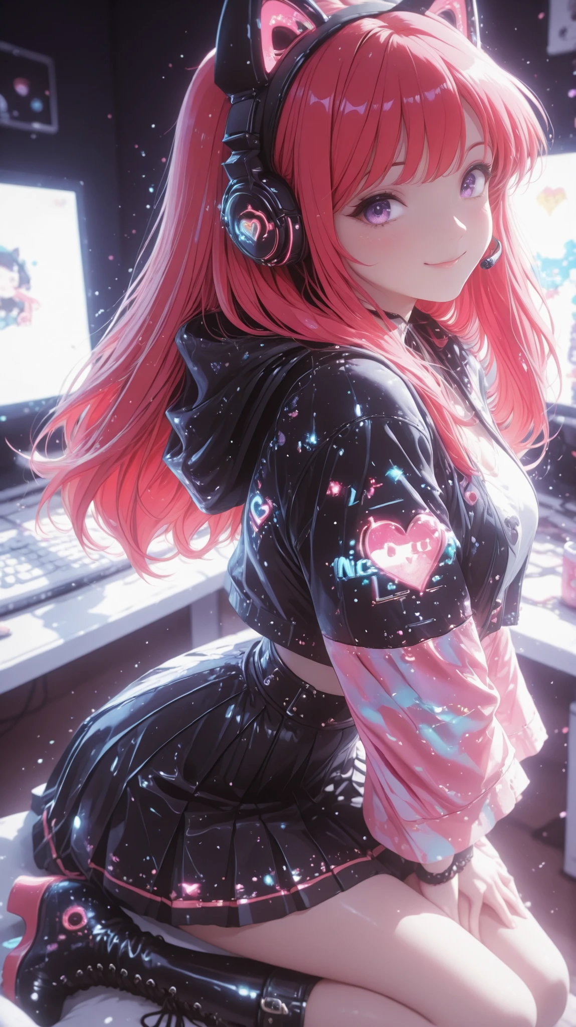 A beautiful woman, (nice curves), with long red hair with pink tips and bright purple eyes, (eyes rich in detail), (eyes detailed), wearing a futuristic black outfit with bright blue details on the sleeves. She wears cat-ear headphones and a headset microphone. Her outfit includes a stylish cropped jacket with wide sleeves, a pleated skirt with white stripes and black lace-up boots. She makes a heart with her hands near her face, (close-up from the waist up) smiling warmly. The background is a bedroom with a gaming computer in the background. The art style is detailed and colorful, with soft dynamic lighting and slightly 3D anime shading, in high resolution