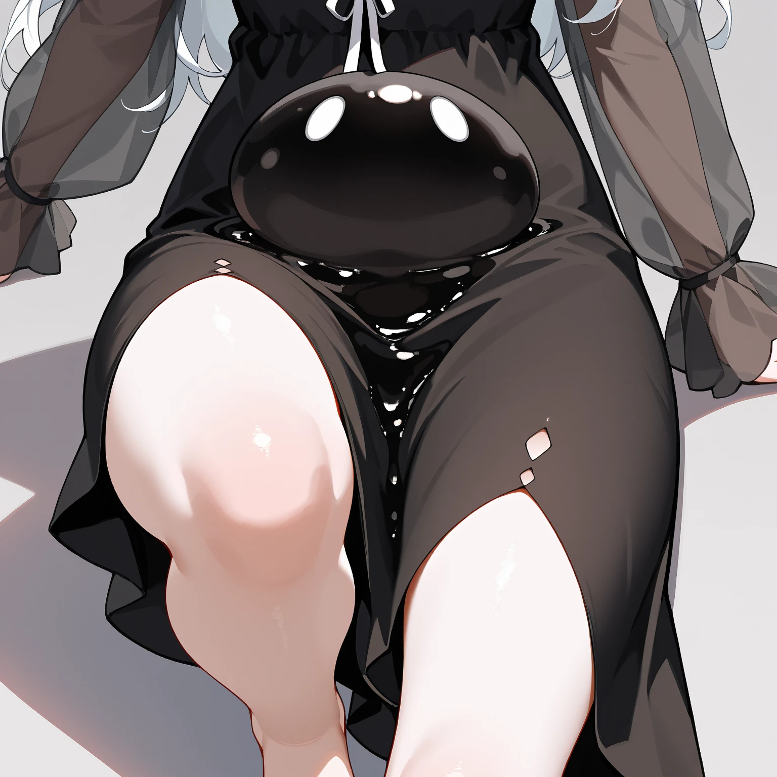 Elf, white ash hair, anime girl, white shirt,black skirt, (black cloak:1.2), pale face, sweating, heavy breath, blushing, pregnant, Pregnant  belly, (best quality:1.2), ultra-detailed,realistic ,portraits, vivid colors, soft lighting, interesting PoV, (pee is white:0.7), spread kneel, Lie down  on sofa, (the girl is leaked pee: 1.3), stocking, straight hair