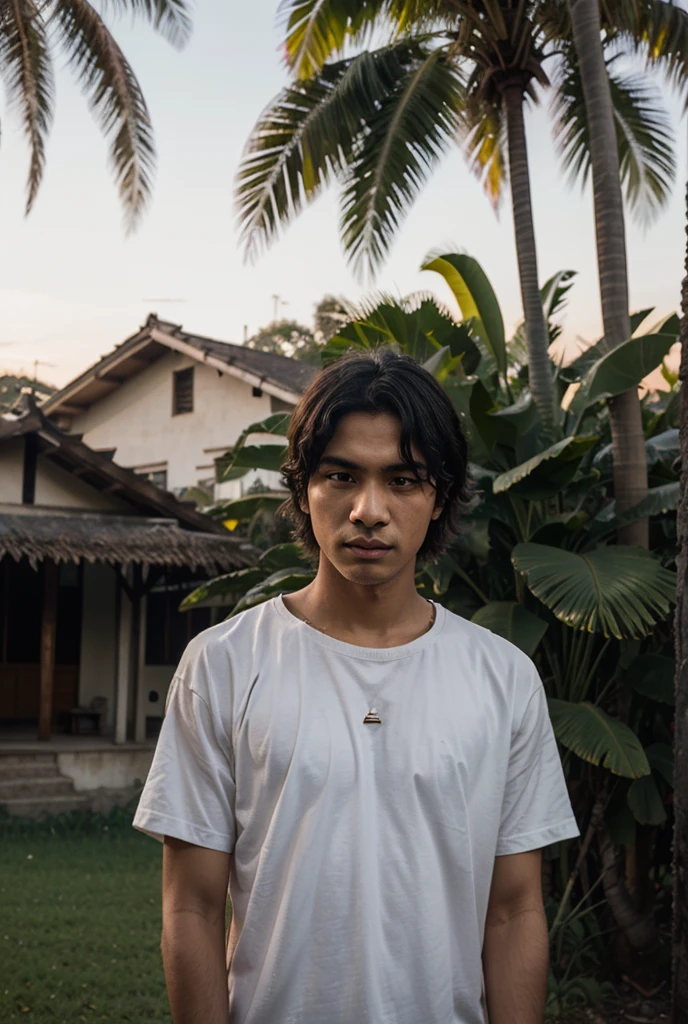 At night, a naturally handsome Javanese Indonesian youth aged 25 years with a sweet black face, face facing the camera, long flowing black hair, wearing a black t-shirt and batik sarong, was contemplating, in the light of the moon. terrace of the house with a cup of coffee and cigarettes, sitting barefoot in front of the door of the house, the house is made of bamboo, there are lanterns, in front of the house a small clear river flows, the rocky nature of the river is clear. photography.