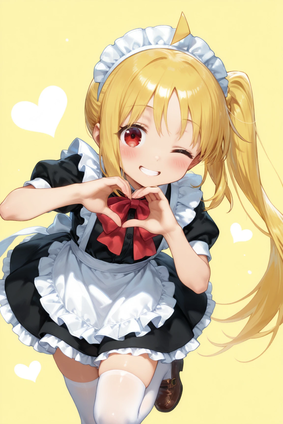 nyan2, 1girl, solo, <lora:sdxl-myk-nyan2-pony:0.9>, brown eyes, multicolored hair, yellow hair, short hair, long sideburns +++ heart hands ,from behind, looking down, Wormfs Eye View, contrapposto, dynamic pose, cinematic lighting, Bashful, nighttime, night, Gaslight, moon light, sight light, perfect darkness, perfect shadow, sunset reflection, forest, wind , , floating hair, florting leaves blooma, eyebrows visible through hair, choker, black maid dress, long dress, turquoise lace trim, white maid apron, frilled apron, maid headdress, waist apron, puffy sleeves, blue flower pattarn pantyhose , frills, garter straps, burgundy rose flower hair ornament