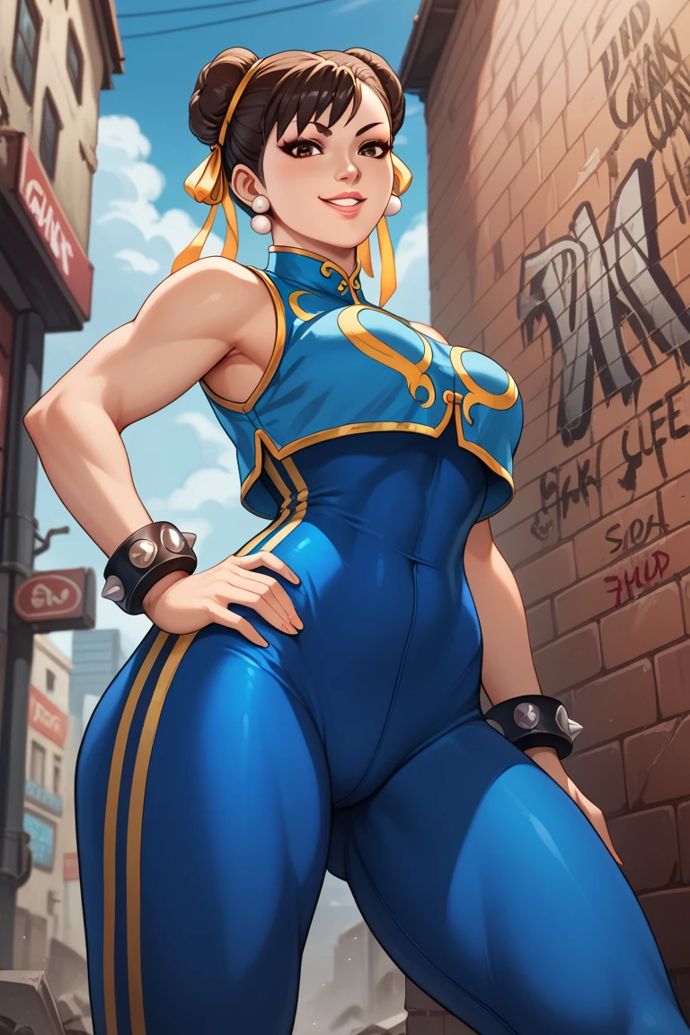 score_9, score_8_up, score_7_up, score_6_up, source_cartoon, BREAK masterpiece. CHUNLIAL, brown eyes, double bun, yellow ribbon, blue bodysuit, crop top, sleeveless, breasts, hand on own hip, looking at viewer, smile, parted lips,below view, smile, parted lips, alleyway, concrete wall, graffiti,