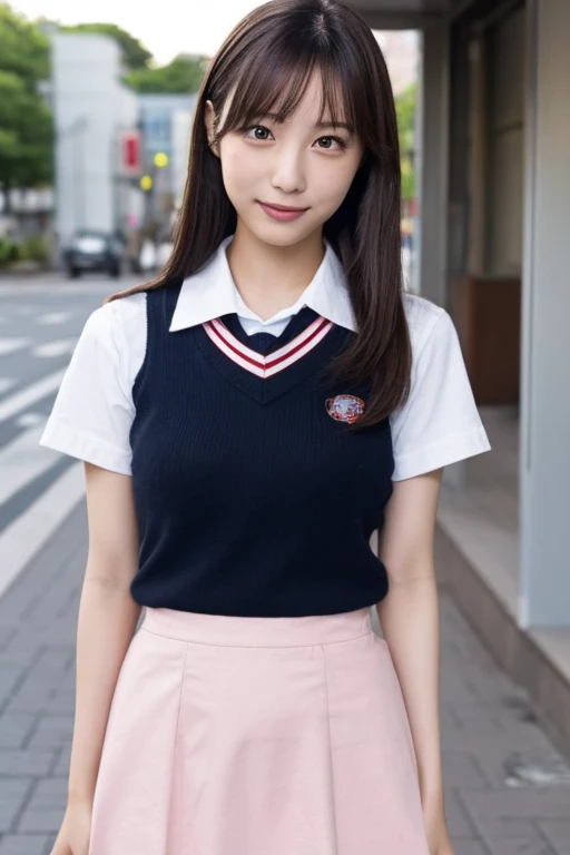 (masterpiece:1.2), Japanese, (18-year-old), (girl), ((Collared shirt)), (skirt), smile, Thighs, ((small face)), (bow tie), Hair Bun, , park,
