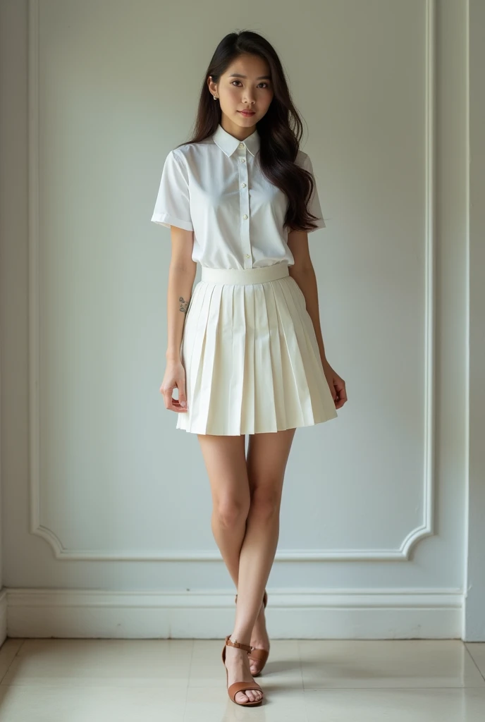 ((best qualtiy, 8K, tmasterpiece:1.3)), Focus:1.2, perfect figure beautiful woman:1.4, Cocked buttocks:1.2, ((exquisite long hair)) , (Interior white wall background), Highly detailed facial and skin texture, A detailed eye, 二重まぶた,Whiten skin,ssmile,Wear a necklace,roleplaying,student school uniform,pleatedskirt,white stockings,solo person,Do not show your hands,with hands behind her back,Hide your hands,Sit on a barstool