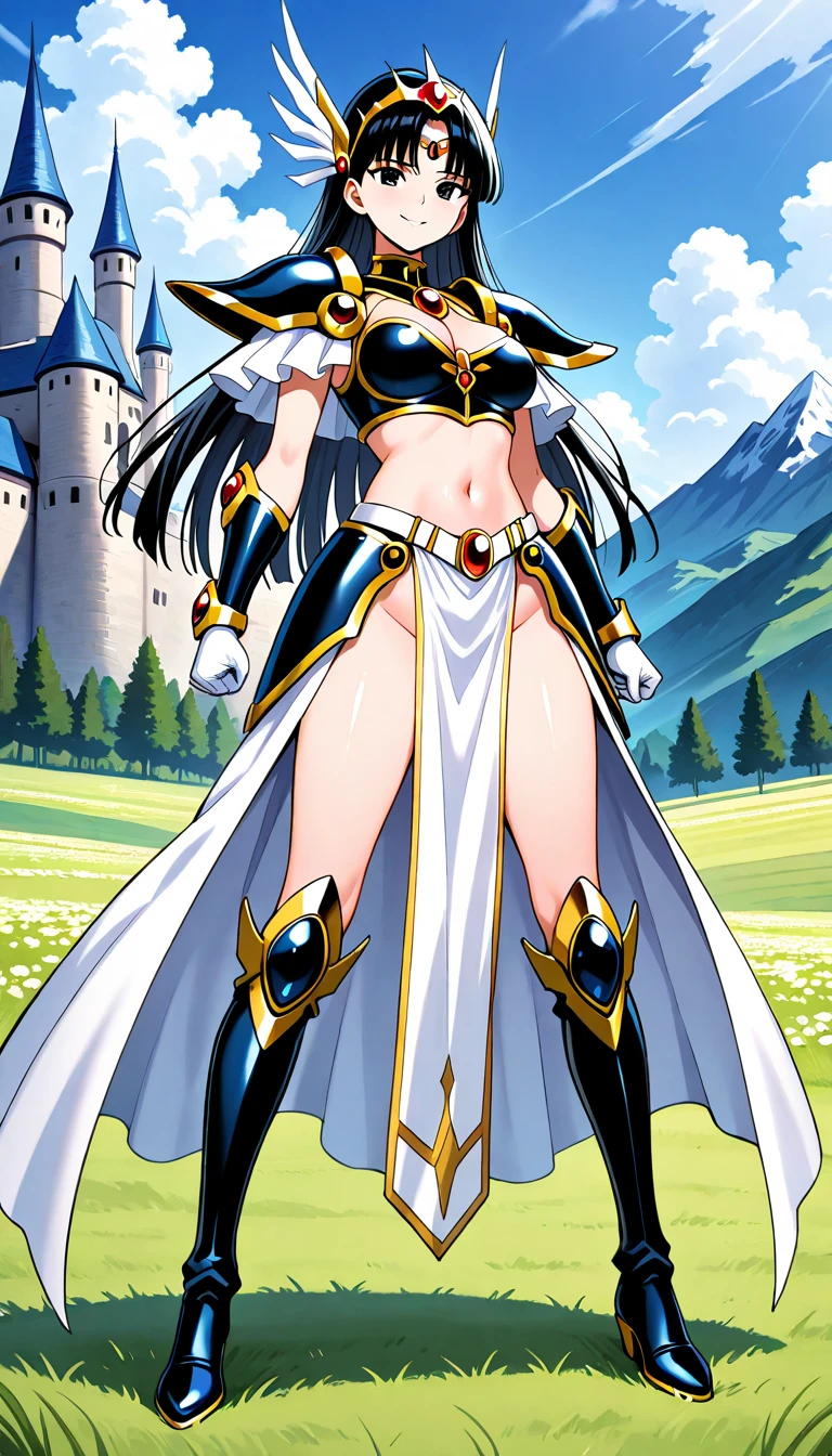 "(masterpiece:1.1), best quality, NSFW, 
1girl, (80s anime style:1.3), (eyelashes:1.5), (loli:1.2), 
(intricate high detailed body:1.2), 
indigo hair, (hair over one eye:1.1), (ponytail:1.1), (demon horns:1.2), 
green eyes, (thick eyebrows:1.1), 
(small breasts:1.1), 
(grin:1.2), open mouth, 
(see-through cloth body suit armor, underboob cutout:1.2), (pantyhose:1.2), 
(knight armor, armored boots, capelet:1.2), (hoop earrings:1.1), gauntlets, 
standing, claw pose, 
(full body:0.8), (looking at viewer, from front:1.1),
(daytime, grassland, outdoors:1.2)"
