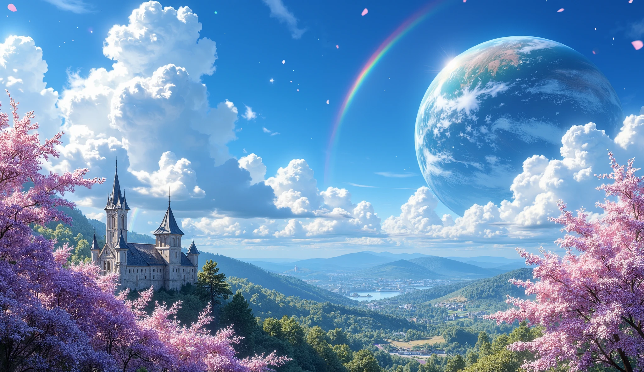(( Astonishingly )),(Masterpiece:1.2),超High resolution, Attention to detail, high quality, High resolution, 最high quality, 4k, 8K、 very beautiful、fantasy landscape、landscape、Infinite blue sky、A rainbow appears、There are a lot of beautiful medieval buildings、cherry blossom leaves flying,rainbow、 big beautiful planet in the beautiful sky