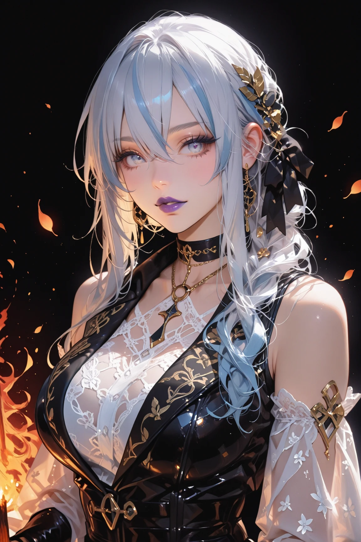 Textured skin、A masterpice、of the best quality、(Cinematic lighting)、award wining、anatomically correcte、wide shot、{fire sparks}、woman kngiht、rainbow hair、Ahoge、Crazy eyes、(Glowing eyes)、mismatched sclera、Tongue stock、Tons of piercings、nose piercing、pirate、seas、