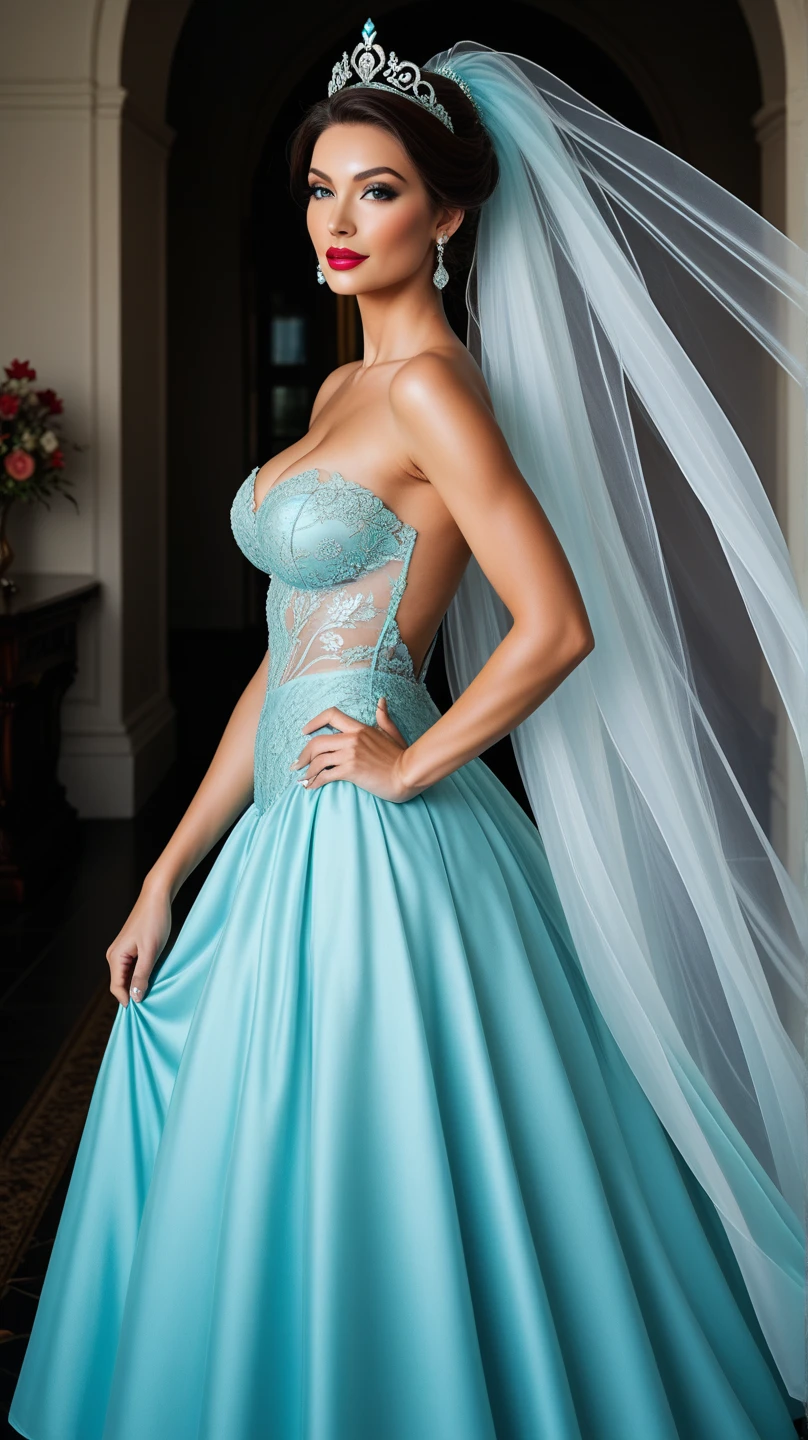 woman, 27 year old, solo, masterpiece, (8k, best quality, masterpiece:1.2), highly detailed, ultra-detailed, masterclass, best quality, illustration, hair between eyes, perfect lighting, medium breasts, hair ornament, long curly hair , (delicate eyes), (hazel eyes), (detailed facial features), full body, long hair, blush, cowboy shot, feathers hair ornament, (sky blue wedding dress:1.2) night, windows, indoors, light, indoors, carpet.