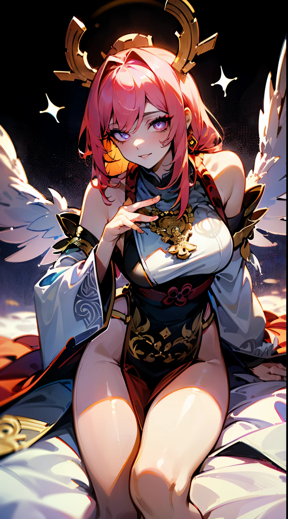 (masterpiece, best quality), intricate details,
1girl, solo, <lora:jibriltest:0.8> jibril, angel, angel wings, animal ears, bird ears, compass rose halo, feathered wings, feathers, gradient hair, halo, long hair, low wings, multicolored hair, navel, pink hair, symbol-shaped pupils, tattoo, white wings, wing ears, wings, (yellow eyes:1.5), asymmetrical legwear, crop top, cross, gloves, mismatched legwear, sideboob,
<lora:animefeetv4:0.8>