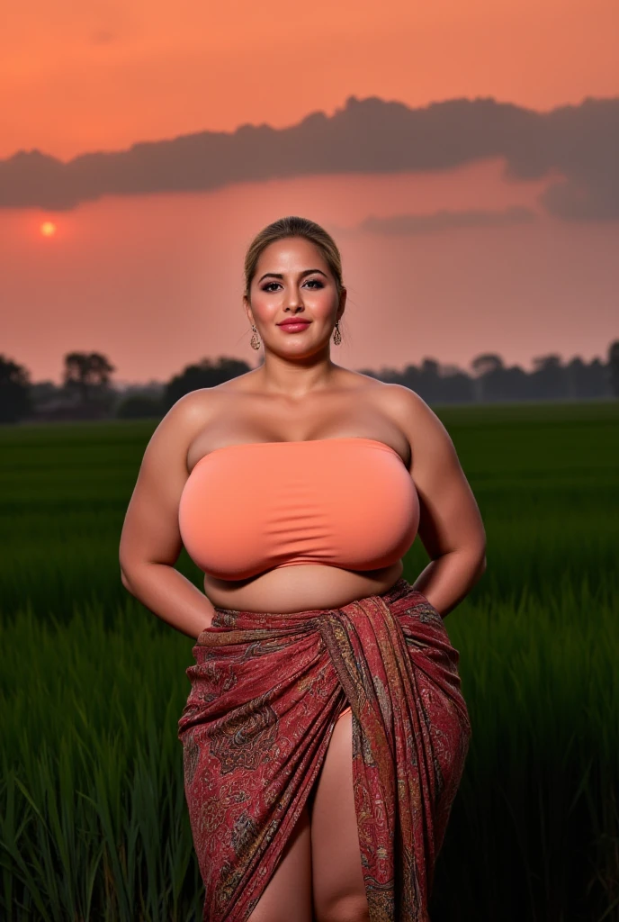 (hyperrealistic photo), exotic indonesian woman, plump, natural big breasts, a jasmine flower on her ear, tied bun hair, knee-lenght batik tubedress with intricate javanese details, looking at the viewer, natural light, wide angle full-body shot, bali temple in the background,