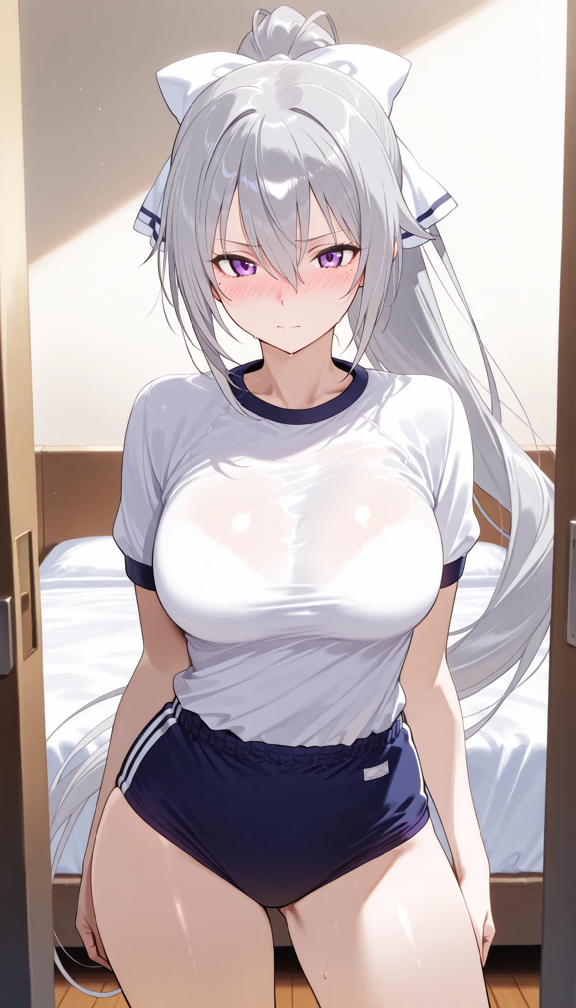 (A peerless beautiful girl), noa(blue archive), aanoa, ushio noa, (8k Ultra HD, Ultra high resolution), (masterpiece:1.3), (((best quality, purple eyes, finely detailed beautiful eyes, Sleepy eyes))), half closed eyes, extremely delicate, cowboy shot, (no hat:1.3), solo, real light and shadow, standing, (closed mouth:1.3), enjoy, (naughty smile), (platinum hair), long straight hair, collarbone, shorts, white Tank top, (off shoulder blue tracksuit), ((mechanical halo, headgear)), looking at viewer,