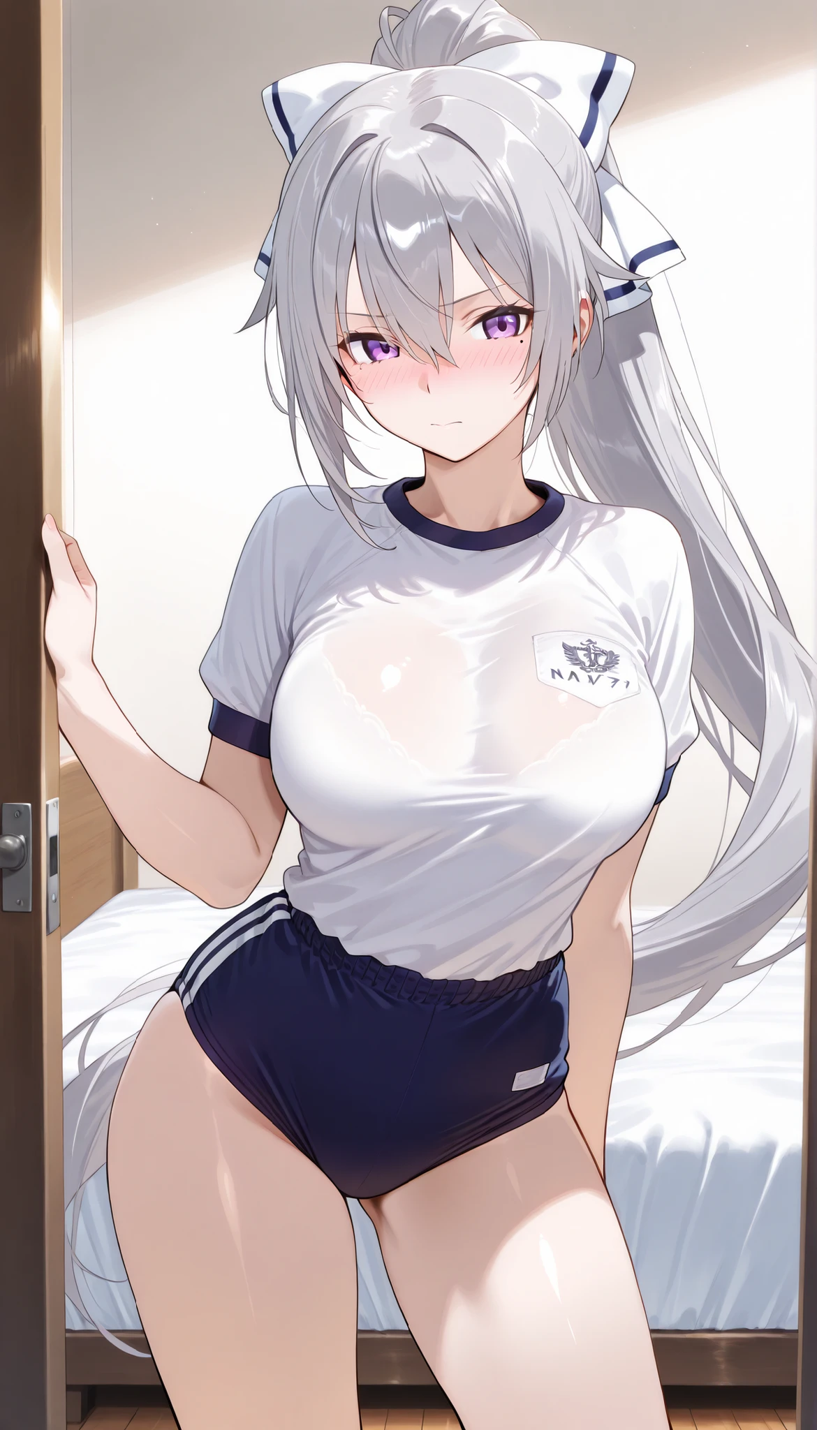 best quality, best resolution, (fluffy anthro furry), arctic fox girl, silver hair, blue eyes, (white fur), long straight hair, big breast, sophisticated manner, (white shirt with blue trim, gym shorts), standing, home gym