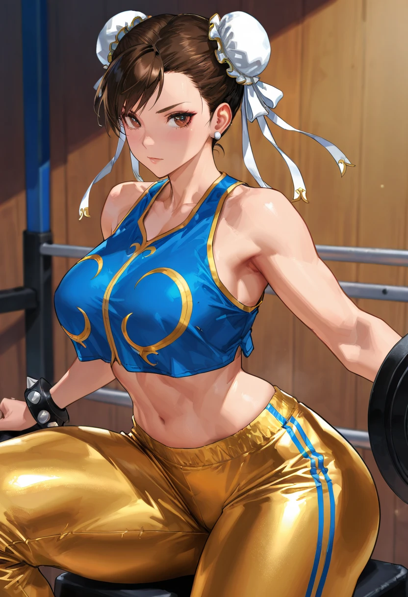 arafed woman in a gray sports bra top and leggings is posing for a picture, chun li at the gym, in a gym, workout, character is in her natural pose, Thicc, sporty physique, fit girl, fitness model, tight attire, strong pose, shiny silver, attractive sporty physique, tight fit, athletic and strong, sweaty 4 k, moto