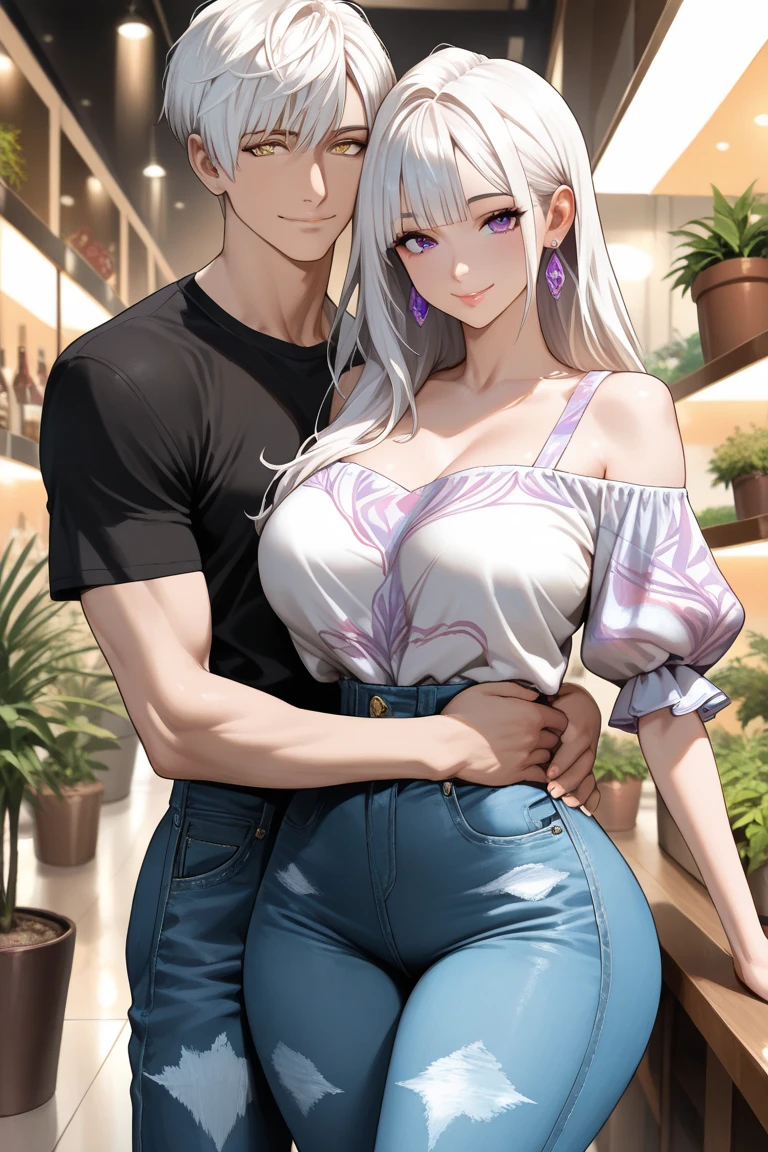 (masterpiece, best quality), 8K, Super detailed, realistic photo, Delicate face, Perfect lighting, Purple Eyes, Beautiful legs, side photo, beautiful, skin pores, A man，A woman(Purple and White Gradient Double Braids), Perfect shirt, Dress neatly,  (Thin white shirt:1.4), Thick, hot, (White office attire:1.4), Tights, (Wide hips:1.2), Thick, (White office pants:1.3), Standing on the beach near the sea,Digital Animation Art, Working in the style of Gouvez, beautiful动漫肖像, advanced Digital Animation Art, guweiz на artstation pixiv HD UHD HQ
