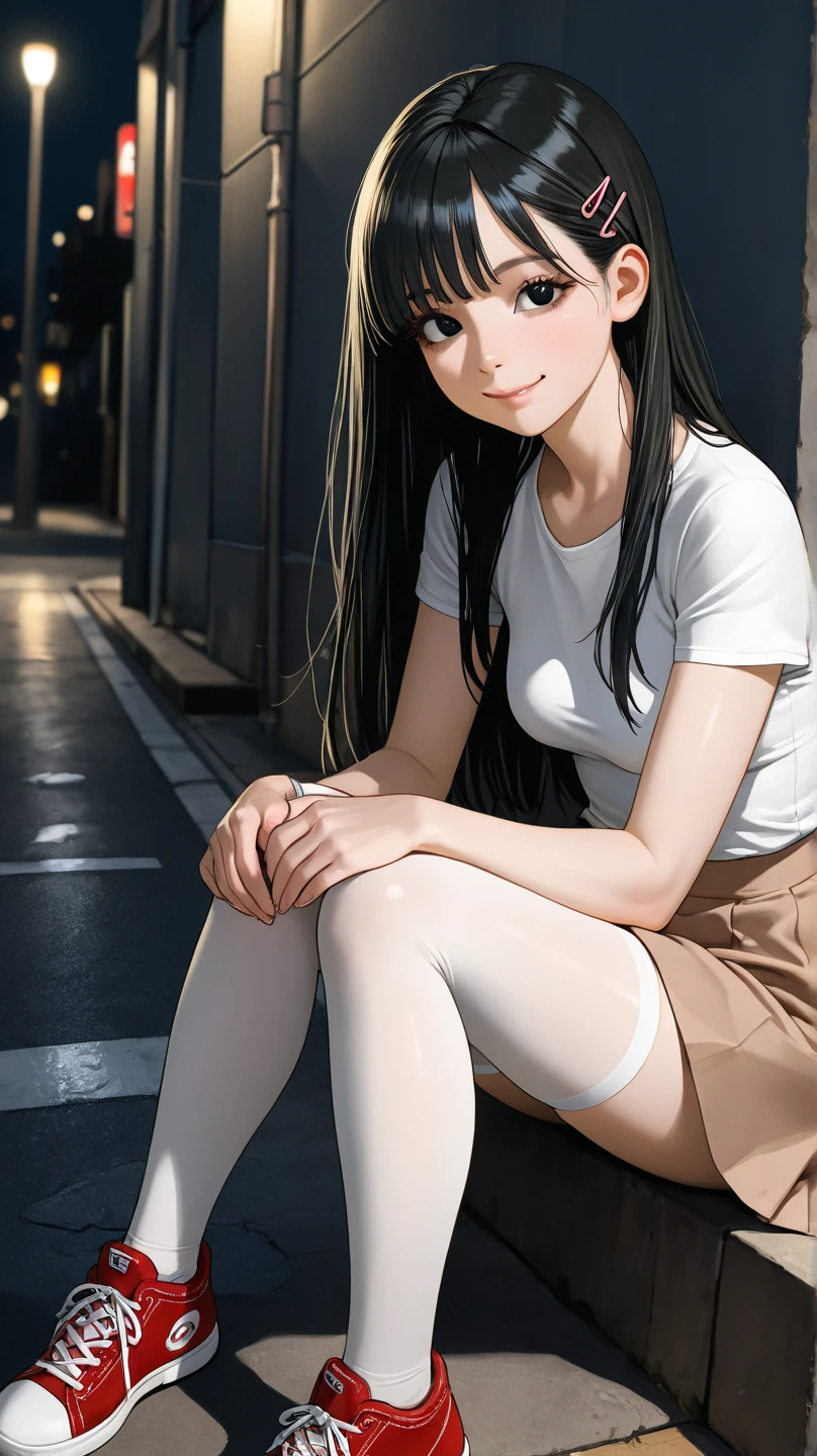 (masterpiece, highly detailed, UHD, 8K, RAW photo, DSLR, Nikon 70d, sharp focus), 1girl, solo, looking at viewer, green eyes, black long hair, medium breast, white shirt, skirt, legwear, high heels, park, autumn, falling leaves