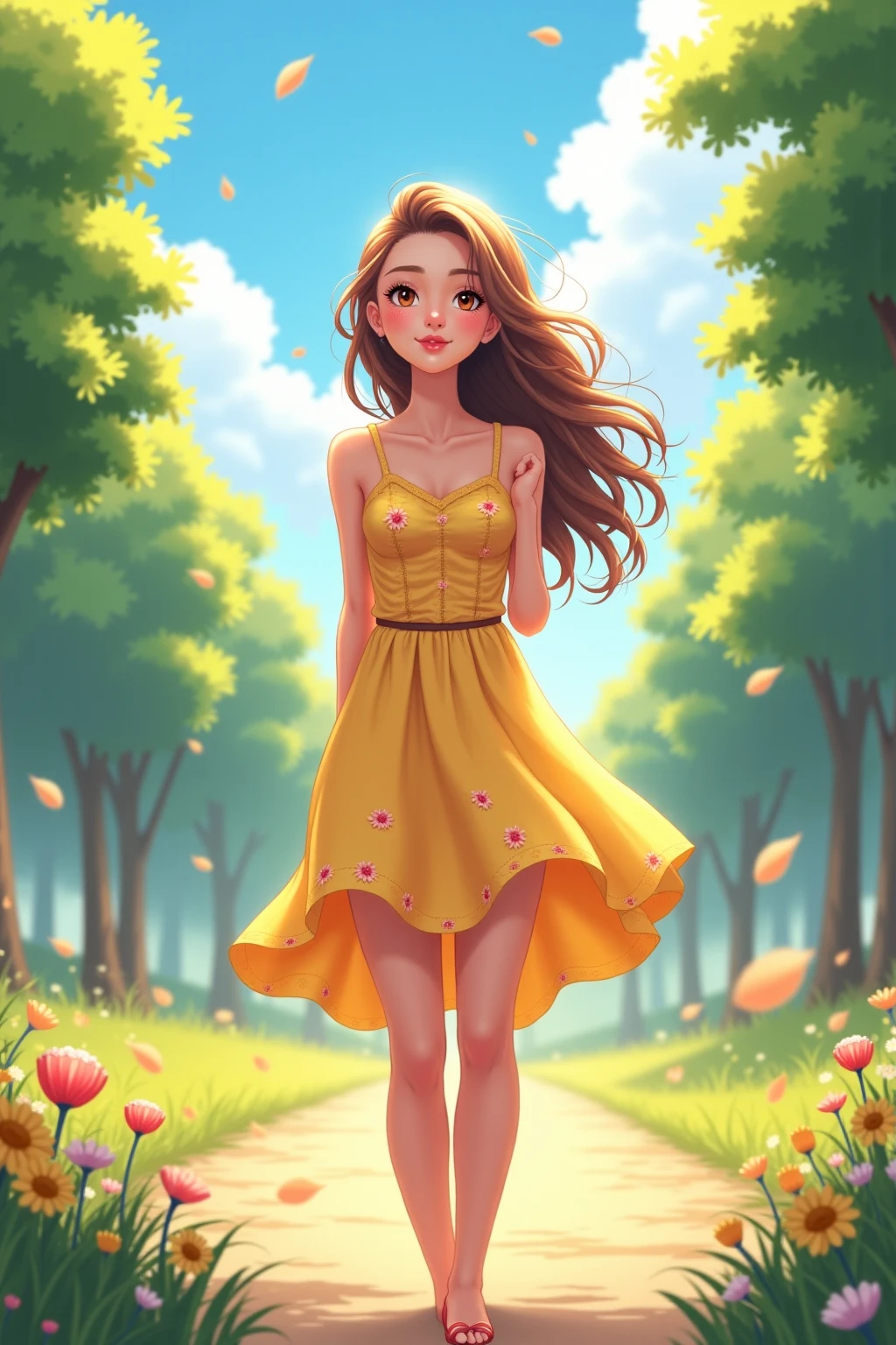  baby blue dress with square neckline and sleeveless, mini length with pleated flared skirt, I wore shorts and yellow lace panties but I didn't wear a bra