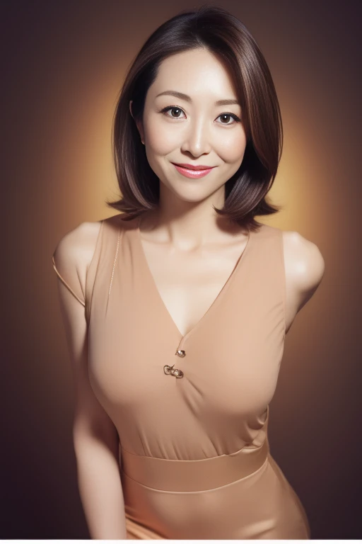 ((masterpiece)), ((Highest quality)), ((Complex)), ((Surreal)), (Realistic), (Mature Woman), ((No classes)), Very detailed, (1 female), Beautiful and exquisite, (Beautiful Teeth), Grin, Brunette bob hair, Brown eyes, ((blouse)), (Upper Body), (background:none), Perfect Eyes, Captivating eyes, Looking at the audience