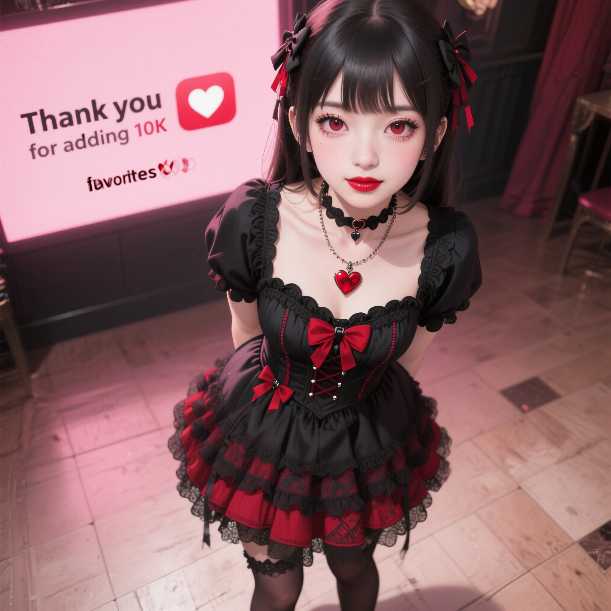 A slender 10-year-old Japanese girl with bright red lips is standing,((Full body images))、Seduce you with gothic fashion, Black lace blouse、(Blouse shirt with red ribbon on the chest)、((Wearing red lace gloves))、(Looking up from bottom), solo, I'm 10 years old , Photos taken by a professional photographer, There are no adults in this room.., Seductive makeup, Vampire Makeup, (Baby Face:1.2), infant, Skinny body, , Asian, Dominator, Stiletto heels, garter belt, Sexy gloves, Bondage Fashion, Small choker, Black lace, Highly detailed face, Very nice teeth, Highly detailed lips, Highly detailed mouth, Shiny Hair, Shiny skin, Fair skin, 4K, Photo Real, Very realistic, masterpiece