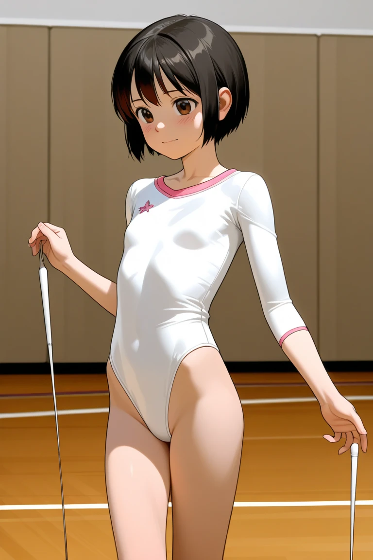 Anime style, japanese style, better quality possible, ambient: dance floor dance room, mirrors in the walls, iluminated white room, nude naked young brunette woman aleathory angelical face, small breasts huge nipples, hairy pussy, she stand in doggystyle position on the floor with open legs
