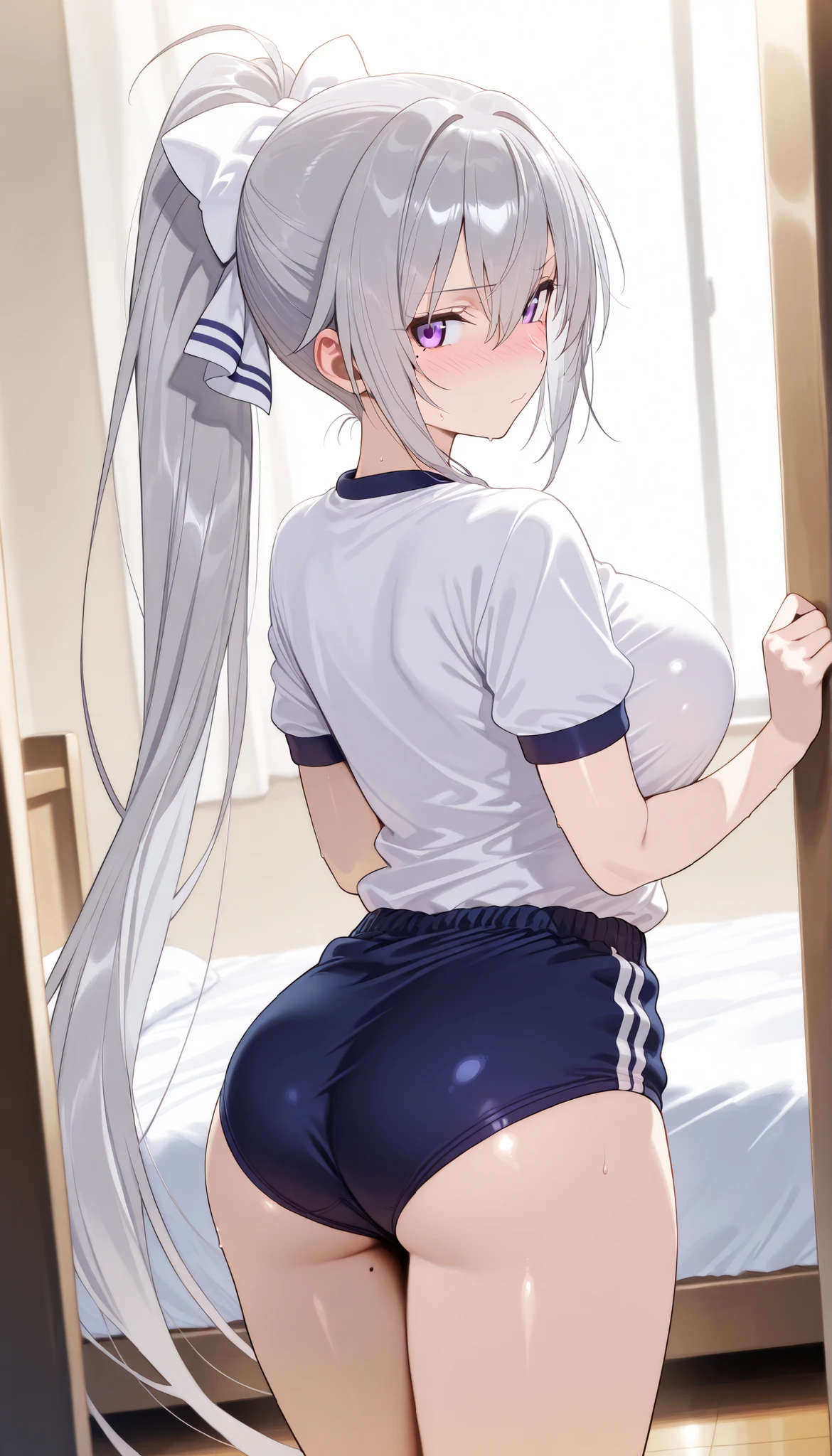 masterpiece, score_9, score_8_up, score_7_up, anime, pinup, Supreme Masterpiece, perfect eyes, perfect face, Best Quality, high resolution, 1girl, hk1, purple eyes, grey hair, hair between eyes, long hair, very long hair, ponytail, mole, mole under eye, bow, white bow, buruma, (navy buruma:1.3), shirts, white shirts, standing, looking back, chuckle, (bedroom), large breasts, nose blush