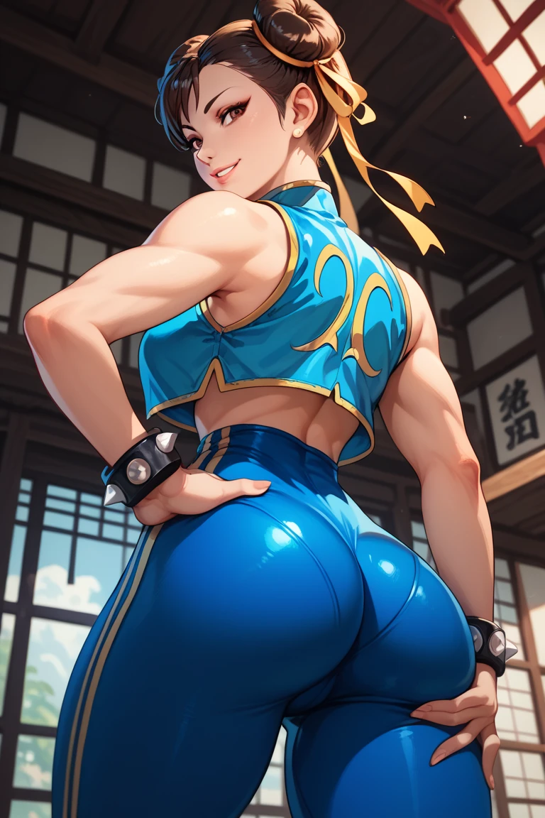 (masterpiece, best quality:1.4), (standing:1.5), 1girl, solo, sfa chun, blue vest, unitard, blue pants, skintight, yellow ribbon, short hair, sneakers, bare shoulders, (european youth  woman:1), looking at viewer, beautifull smile, beautiful face, highly detailed face, highly detailed eyes, subsurface scattering, realistic pupils, full face blush, full lips, detailed background, depth of field, volumetric lighting, sharp focus, absurdres, realistic proportions, (realistic, hyperrealistic:1.4), 16k hdr, from behind, thicc booty