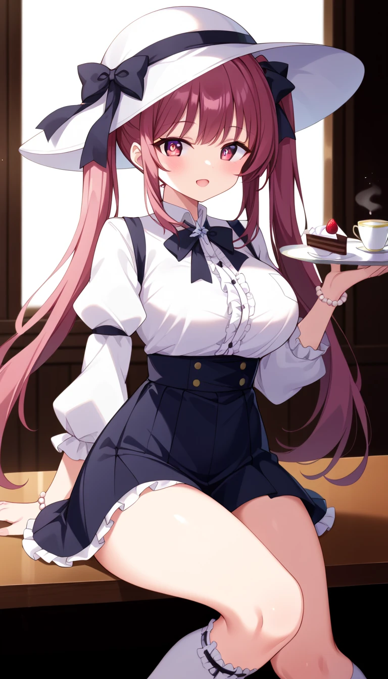 rice shower (umamusume), 1girl, solo, long hair, breasts, looking at viewer, blush, brown hair, thighhighs, hat, bow, navel, holding, animal ears, bare shoulders, purple eyes, tail, flower, small breasts, black thighhighs, indoors, bowtie, hair over one eye, leotard, cup, wrist cuffs, detached collar, rose, playboy bunny, horse ears, horse girl, horse tail, blue headwear, tray, blue flower, hat flower, blue leotard, holding tray, nontraditional playboy bunny