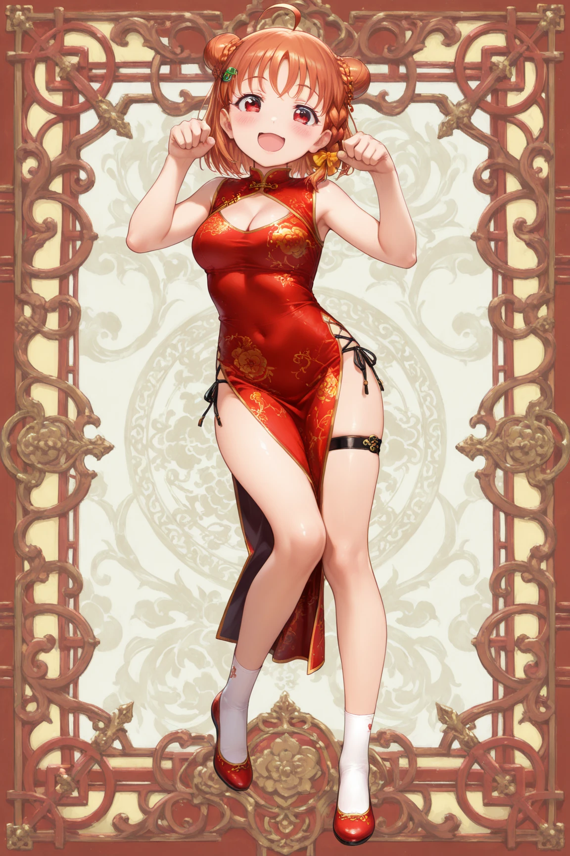 ((facing front:1.5)),( full body Esbian:1.5),Idle Pose,Beautiful and cute girl with dazzling smile, 1girl in, Solo, Bob Hare,Red hair ornament, platinum-blonde,red eyes, Beautiful detailed eyes, Looking at Viewer、A big smile, Portrait,Red Idol Costume, corsets,tits out, Backlight,stage