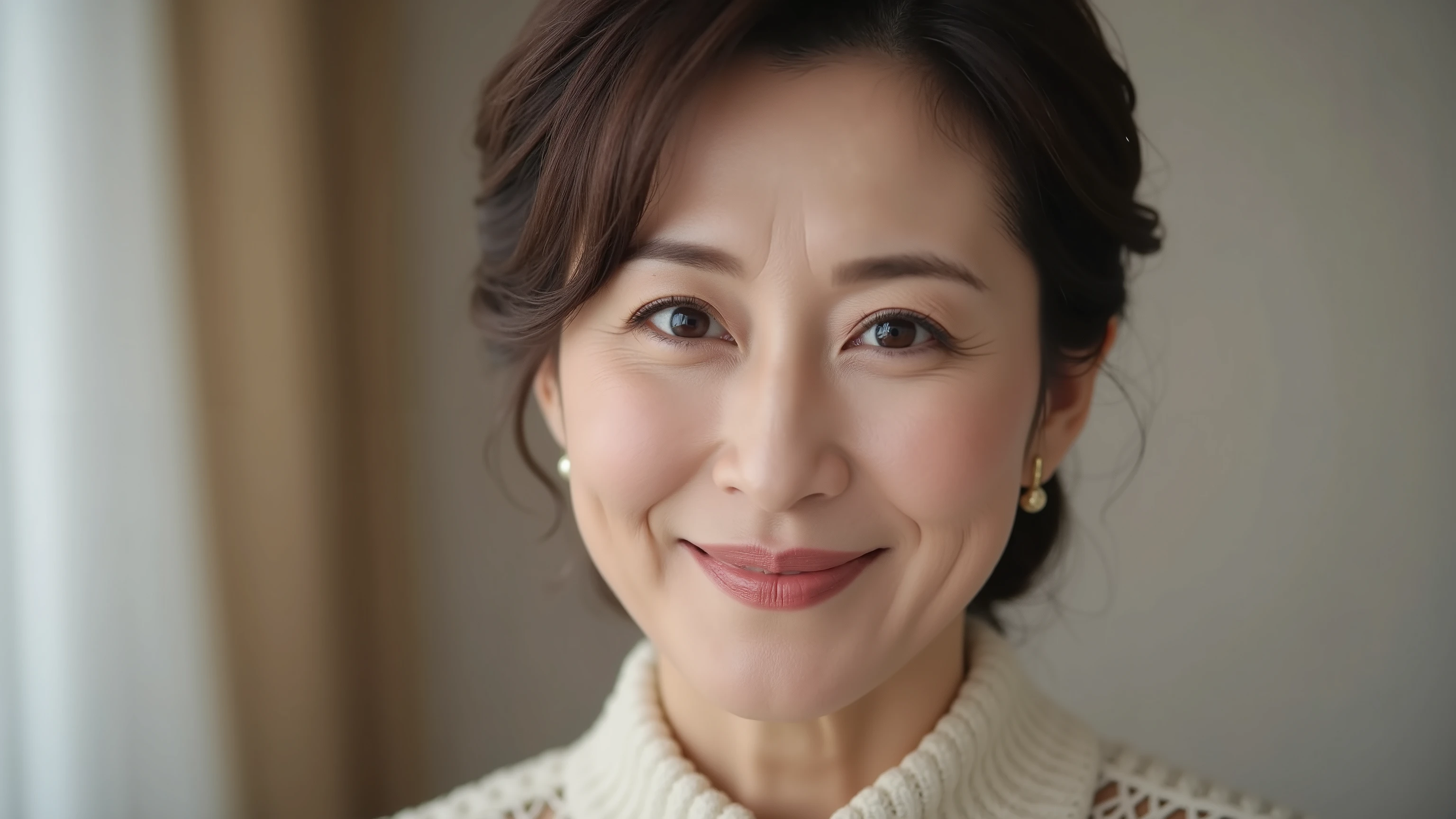 mature Japanese woman, 48 years old, Classy Red Carpet Actress, Glamorous Makeup, Sophisticated Updo Hairstyle, confident and elegant expression, close-up, Super Real, high resolution, Cinematic Lighting, Clear Focus, photorealistic, Soft Depth of Field, masterpiece quality,  elegant beauty , no limbs, Simple Spotlight Background, Physically Based Rendering

