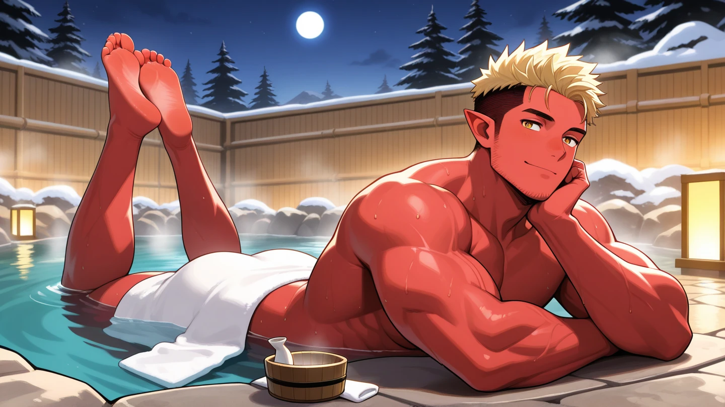 night,Japanese hot springs,muscle,独奏, a young man,beard,Blonde,Long Hair,Taking a bath in a hot spring,smile, liquor